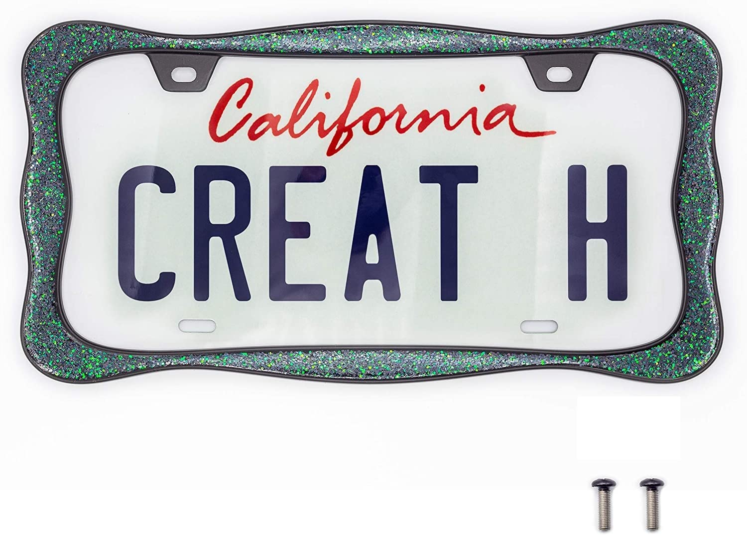 Creathome 3D Shining License Plate Frame, Black Powder Coated With Starry Sky Chunky Gliter, Pure Zinc Alloy Metal