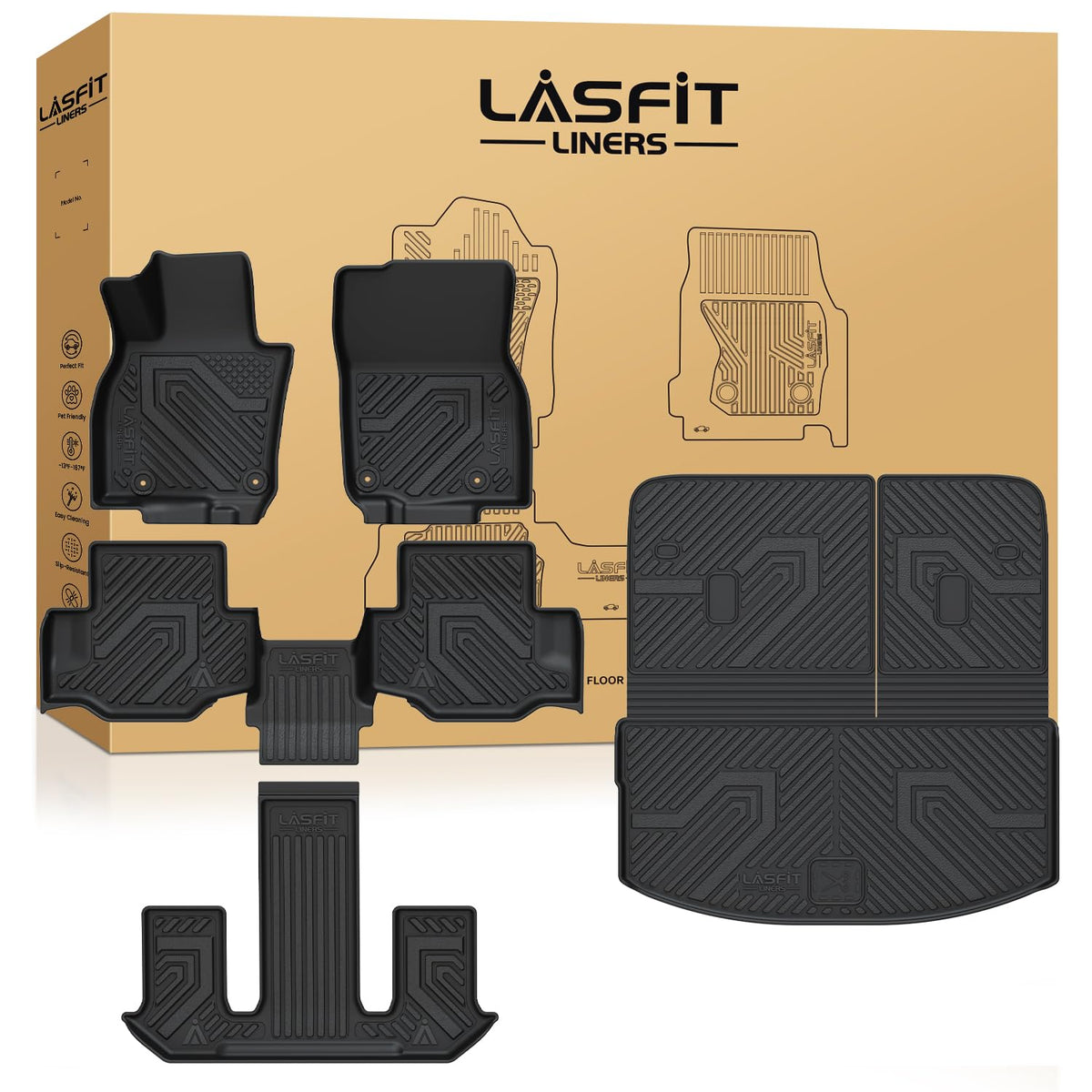 Lasfit Floor Mats & Backrest Mats & Cargo Mats For Mazda Cx-90/Cx-90 Phev 2025 2024 7 Seats With 2Nd Row Bucket Seats, All Weath