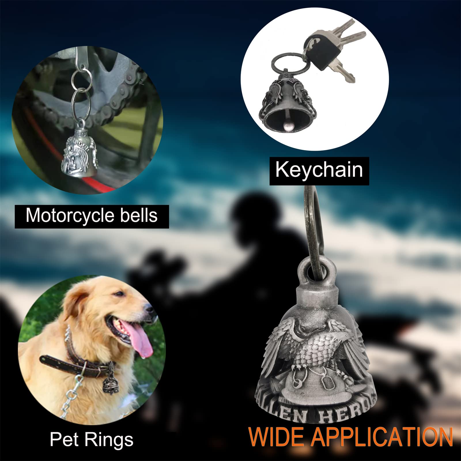Dream Apparel Motorcycle ride bell for bikers,heavy spirit bells accessory and key chain for luck (DBL10-L eagle fallen heroes)