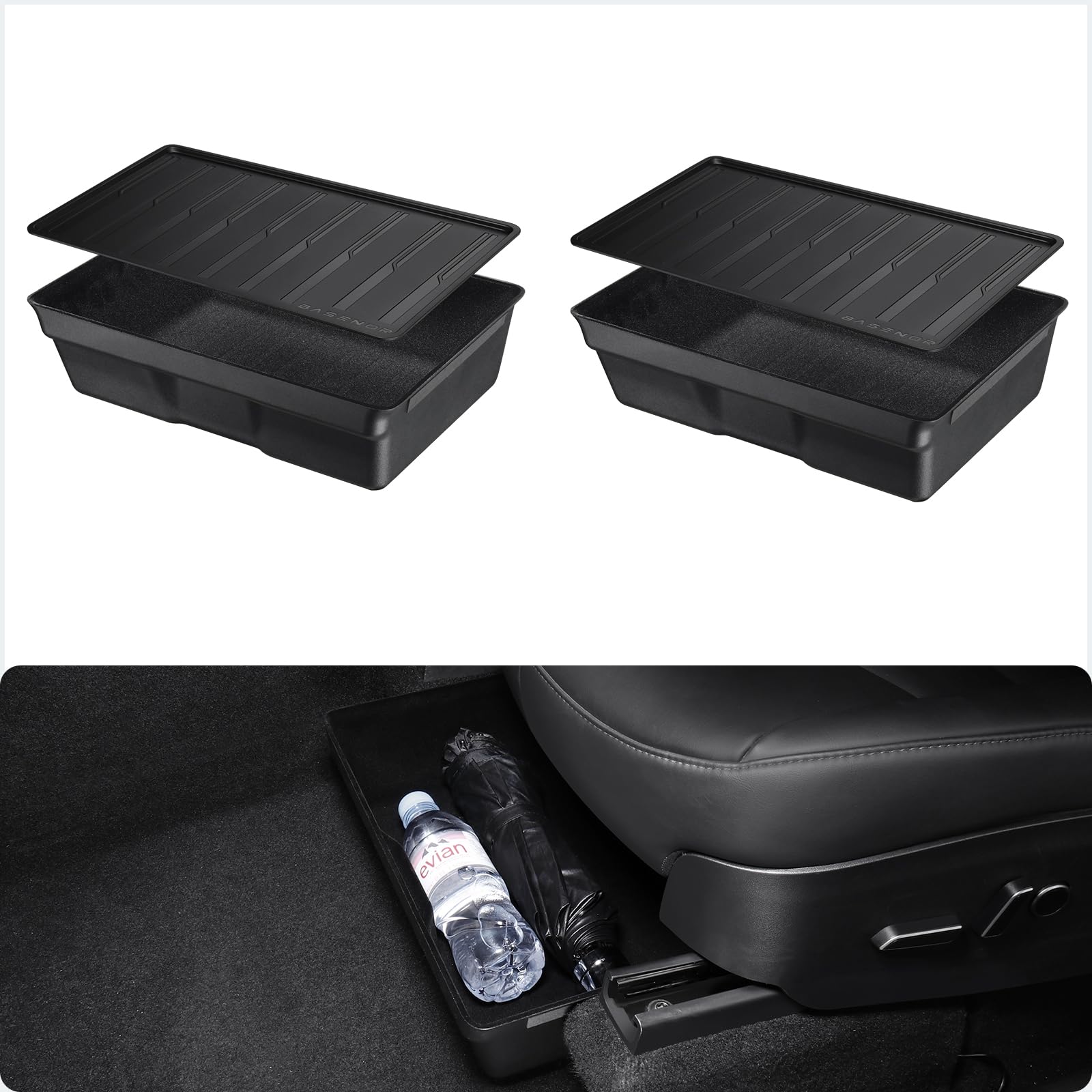 Basenor 2Pack Tesla Model Y Under Seat Storage Box, Waterproof Hidden Storage Underseat Organizer With Lid Cover Tray For 2020-2