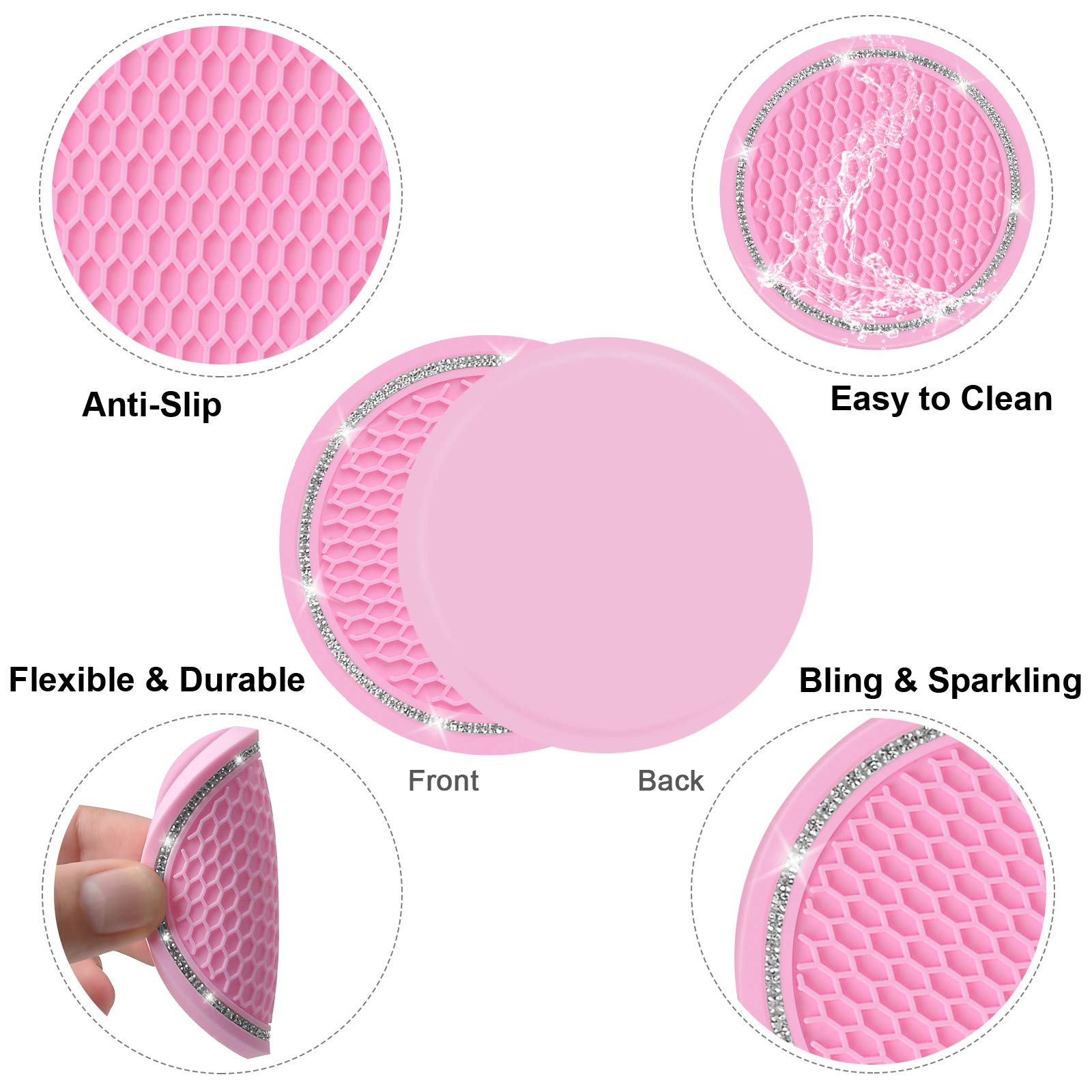 Car Coasters For Cup Holders, Shanshui 2.75 Inches Cute Car Accessories Anti-Slip Silicone Cup Holder For Car (Blackpink/ 4Pcs)