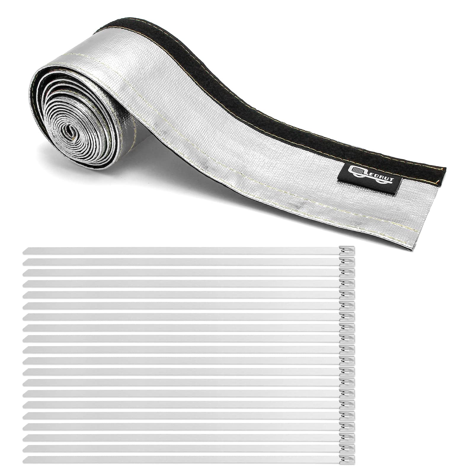 Heat Shroud Aluminized Sleeving Heat Shield Fuel Line Wire Heat Sleeve 1'' I.D. X 10Ft With 20 Pcs 7.8Inch Stainless Steel Cable