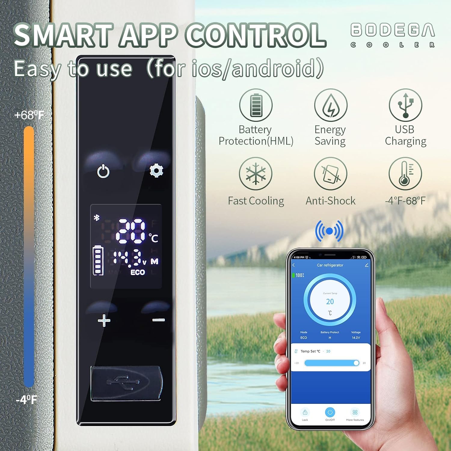 Bodegacooler 12 Volt Car Refrigerator, Car Fridge Portable Freezer App Control, 32.1Quart Travel Compressor Cooler -4?-68?, 12/2