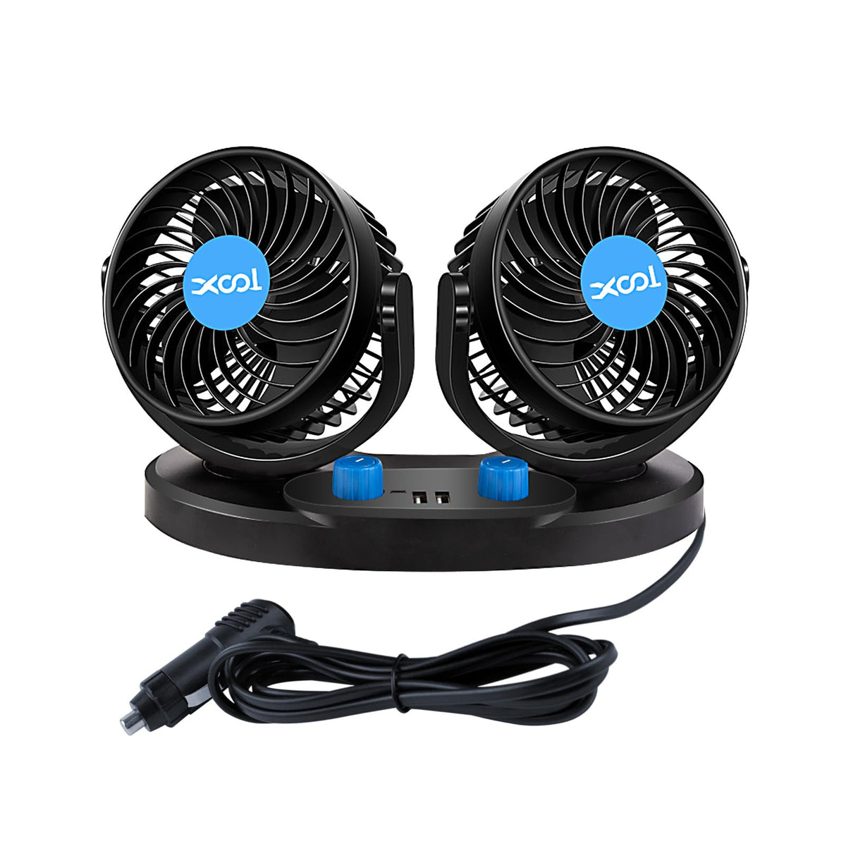 XOOL 12V Car Fan, 360 Degree Rotatable Electric Car Fans, 2 Speed Dual Head Fans with 2 USB Charging Ports, Quiet Strong Cooling
