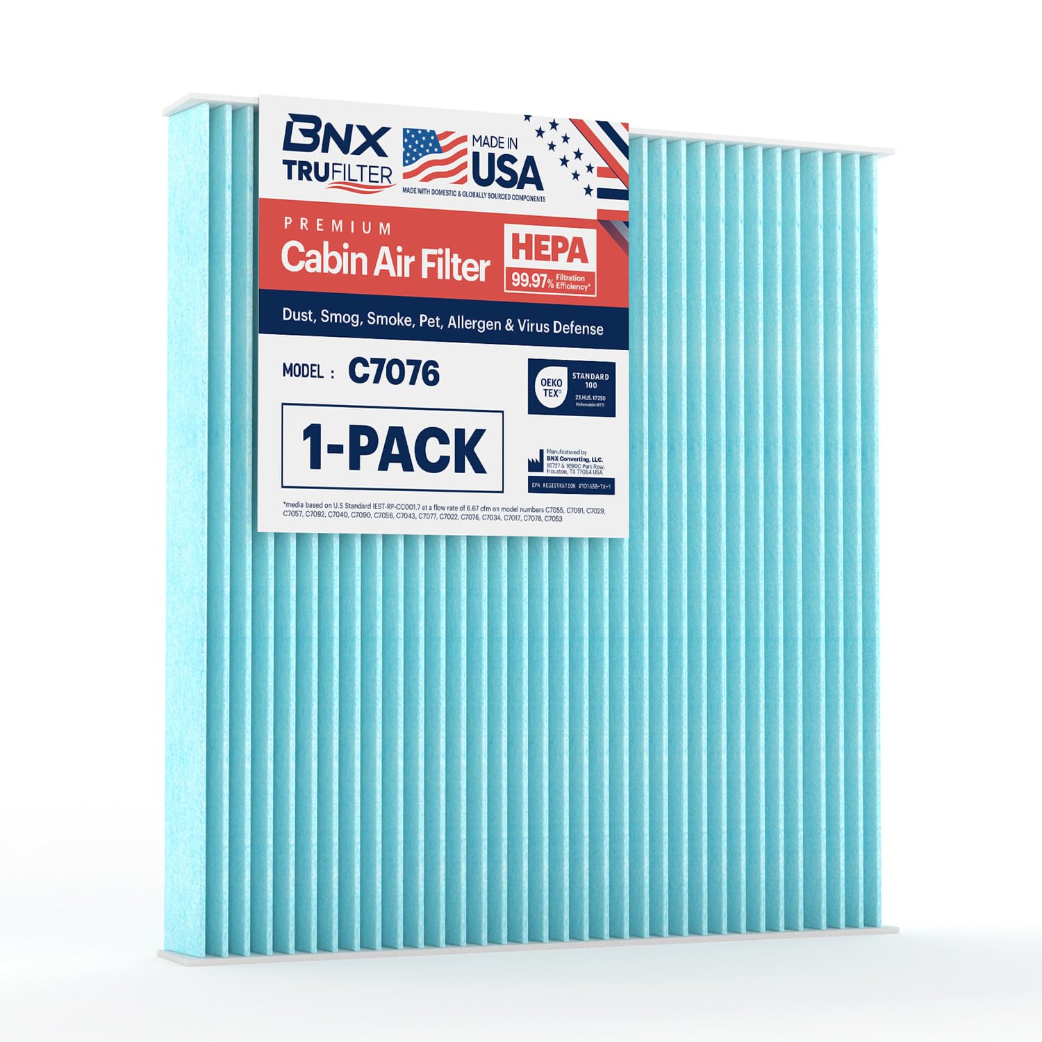Bnx Trufilter C7076 Cabin Air Filter, Hepa 99.97%, Made In Usa, Compatible With Cadillac: Escalade; Chevrolet: Silverado, Suburb