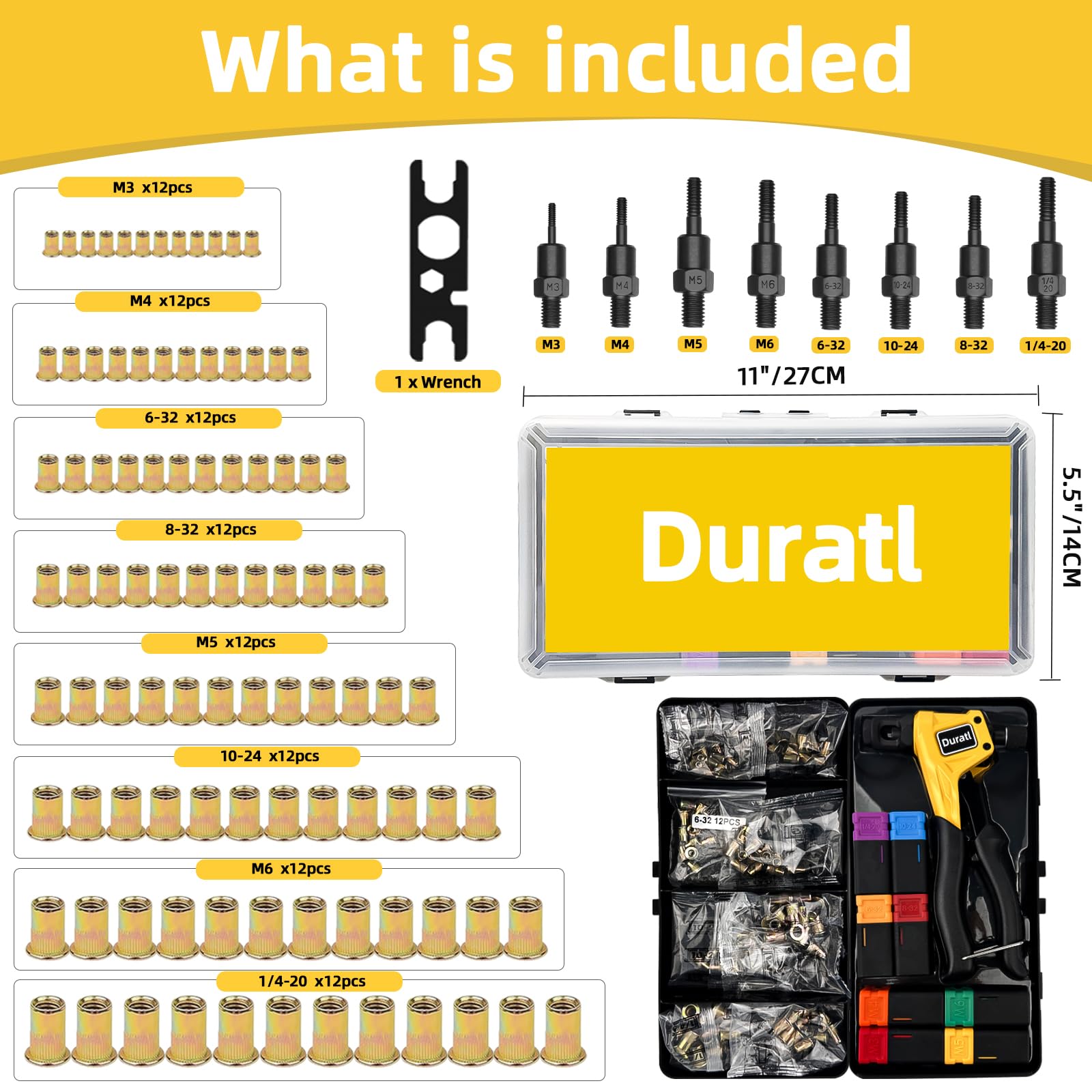 Duratl Rivet Nut Tool Kit, 8-Inch Hand Rivnut Tool For Tight Spaces, Nutsert Tool Kit With 96Pcs Rivnuts, 8 Metric & Sae Mandrel