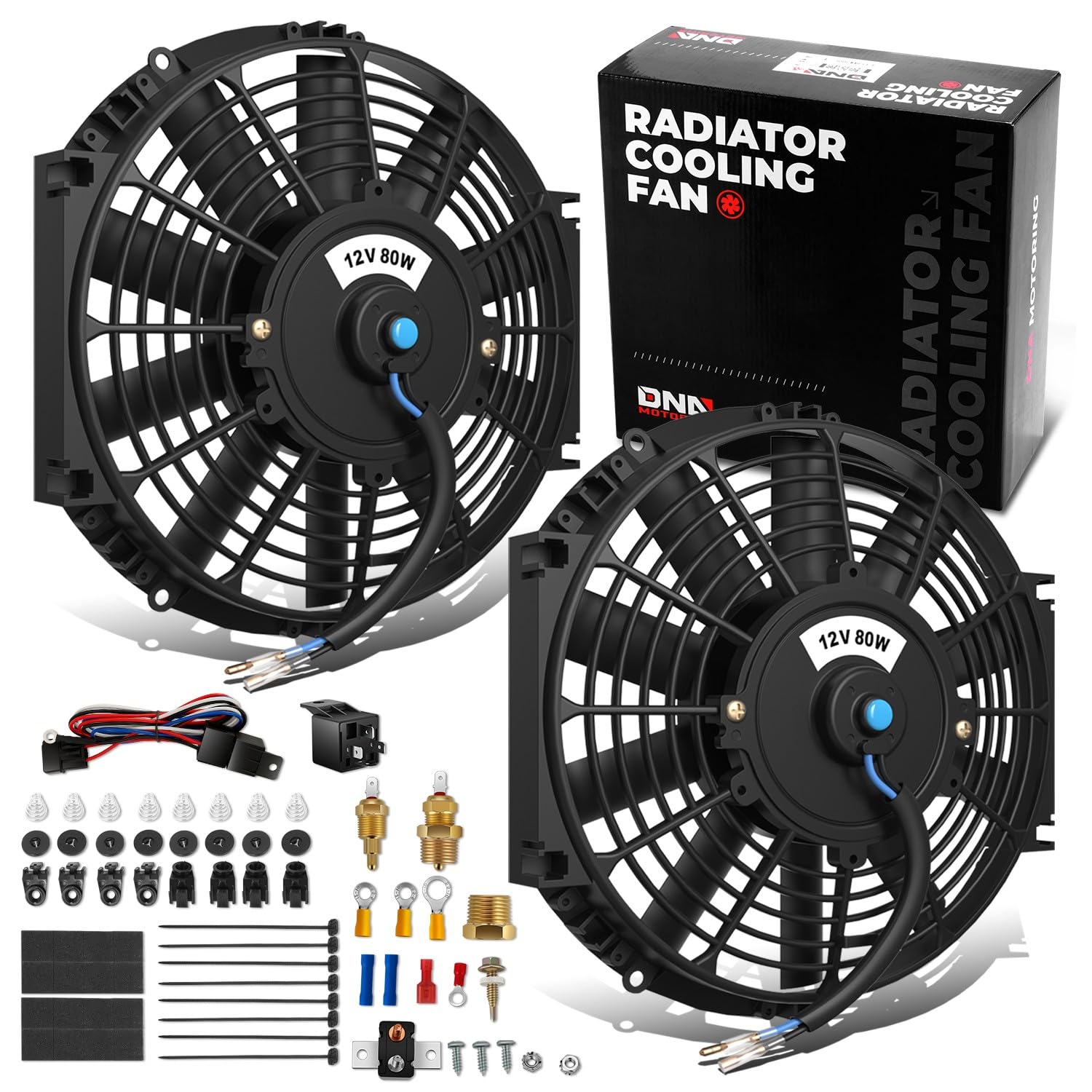 Dna Motoring 2Pcs 12Inch Electric Radiator Cooling Fan Thermostat Wiring Switch Relay Kit, Universal High Performance Slim Fan P