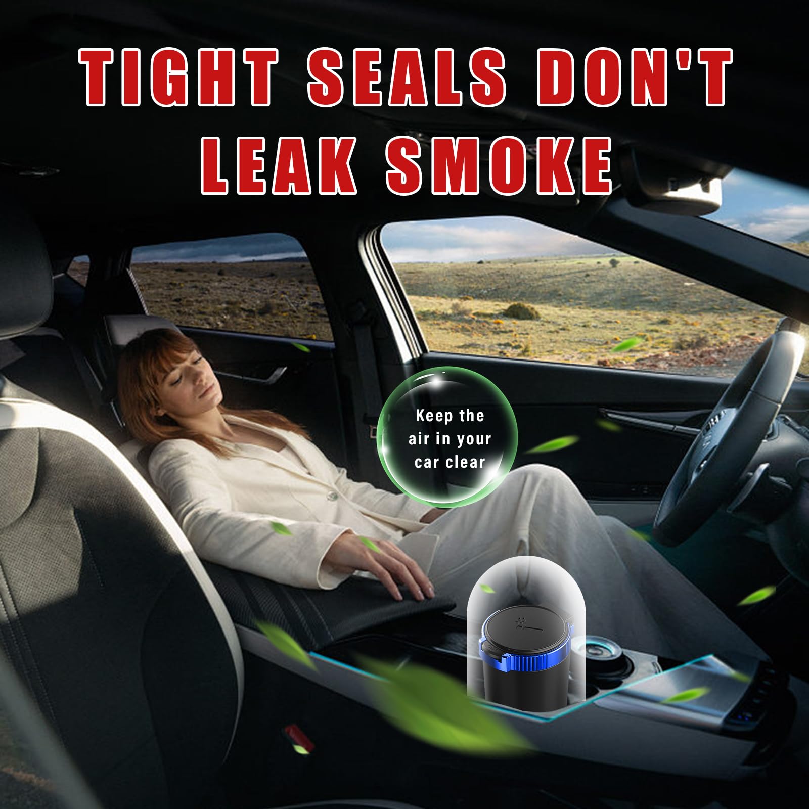 Dickno 2 PCS Car Ashtray with Lid, Detachable Stainless Smokeless Auto Ashtray, Portable Mini Vehicle Trash Can with LED Blue Li