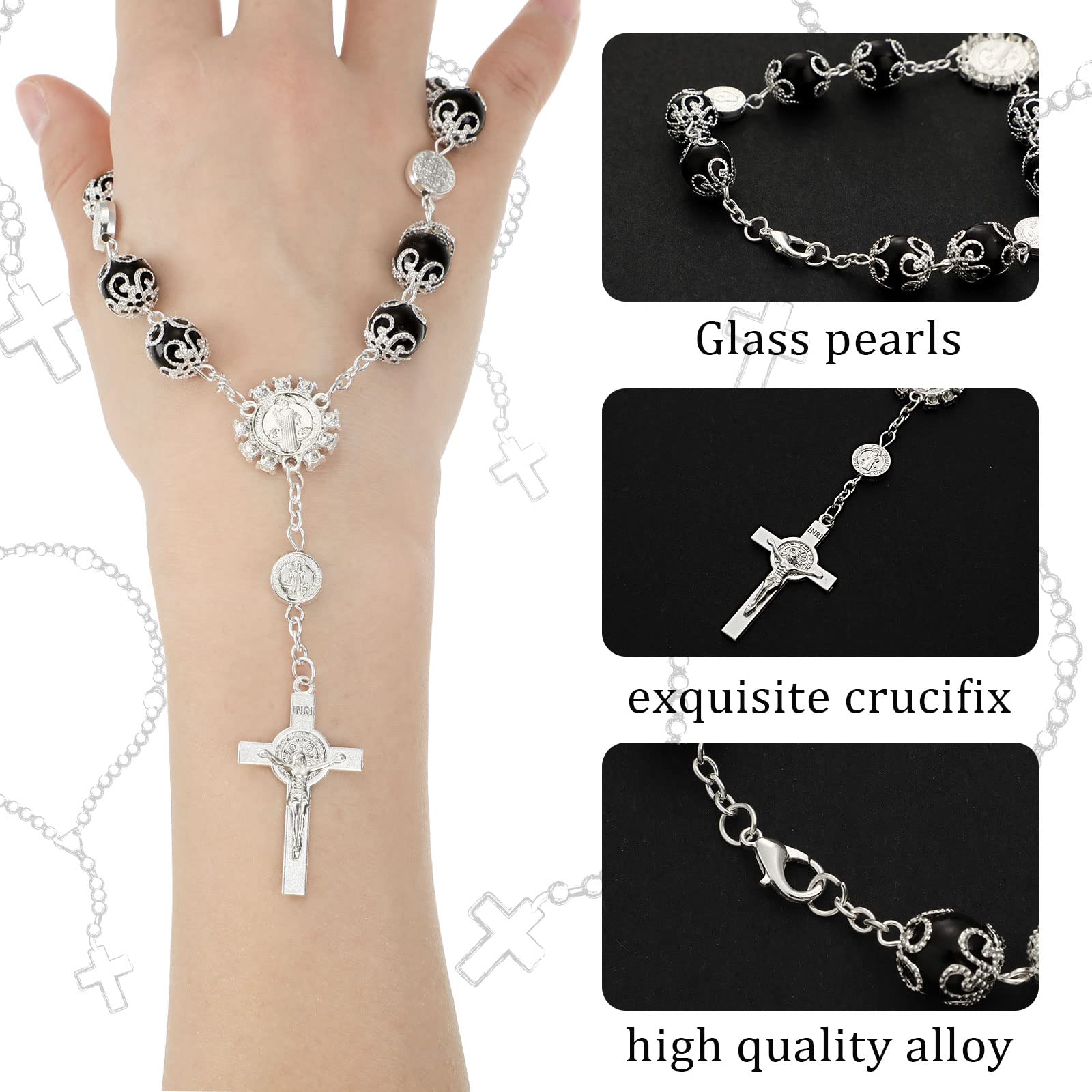 Saint Benedict Car Rosary 2 Pcs Rearview Mirror Auto Rosary Hanging Personalized Car Cross Blessing Catholic Car Medal For Truck Bike Motorcycle Car Mirror Hanging Accessories Decors (Silver, Black)