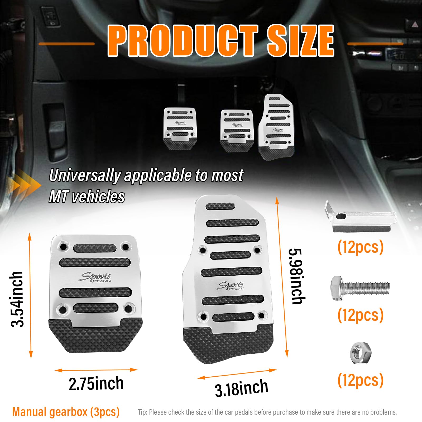 Ziciner 3PCS Non-Slip Car Pedal Pads, Manual Gearbox Gas Pedal Brake Pedal Cover, Aluminum Alloy Brake Gas Clutch Pedal Kits, Un