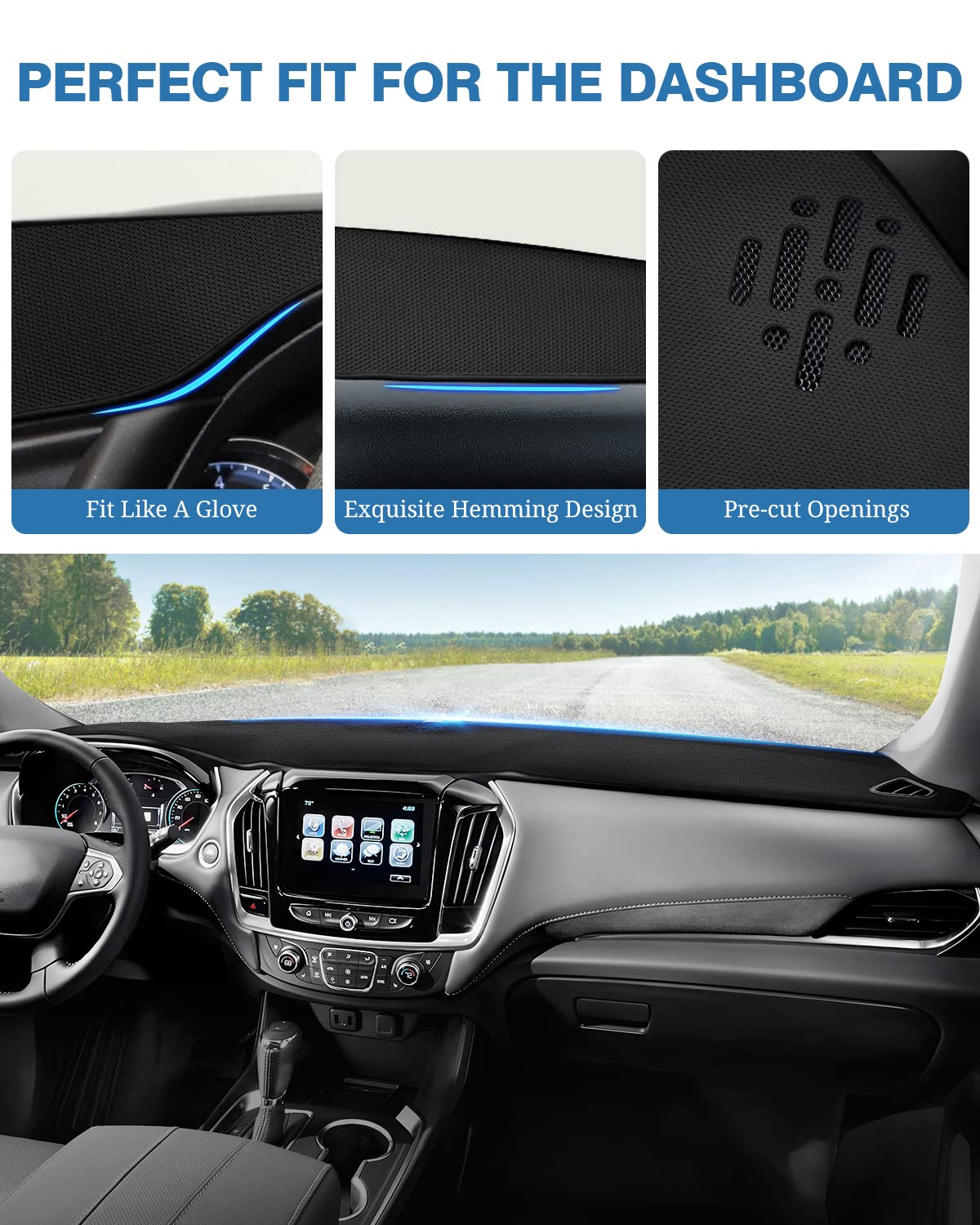 Fiilines Dash Cover For Chevrolet Traverse 2018-2023, Dashboard Mat Cover Sunshade Nonslip Mesh Protector No Glare Black