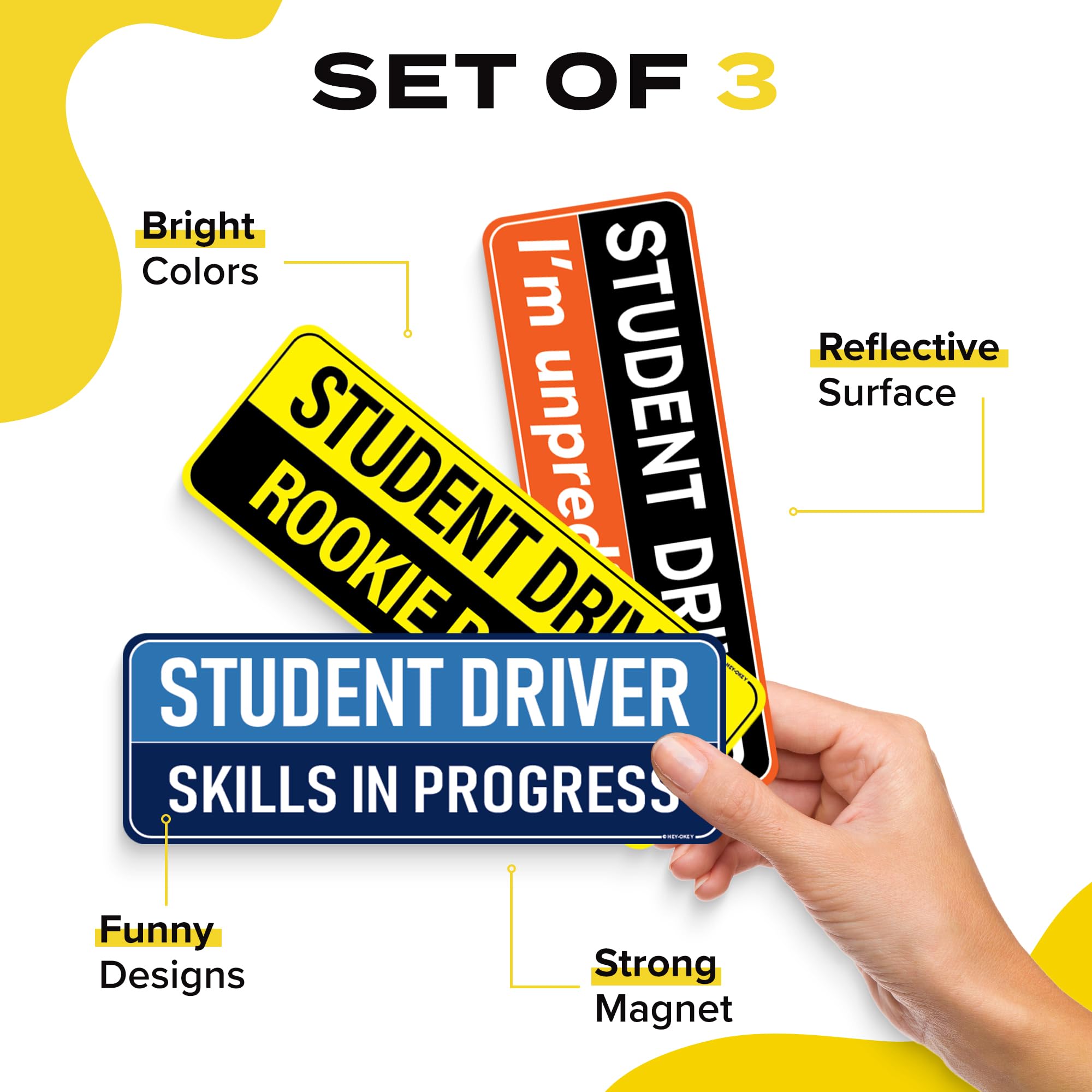 Student Driver Magnet For Car - Funny 3-Pack Please Be Patient Reflective Magnetic Bumper Sticker Set - Removable Novice Rookie