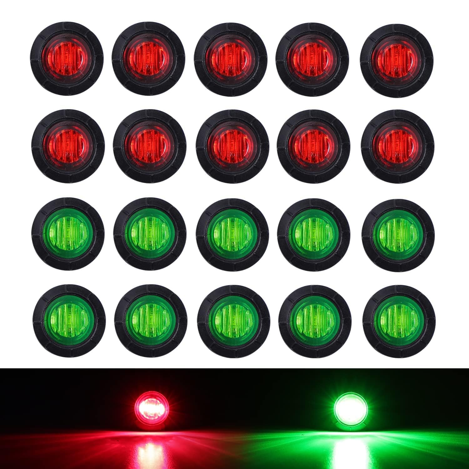 Tmh (Pack Of 20 3/4 Inch Round Green & Red Led Indicator Clearance Lamp Side Marker Light With Rubber For Trailer Truck Lorry Pi