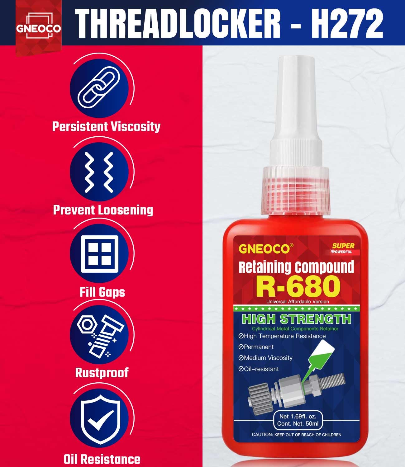 Threadlocker Green 680 1.69 Fl Oz/50 Ml, Thread Lock High Strength Lock Tight For Nuts, Bolts, Fasteners And Metals, Anaerobic C