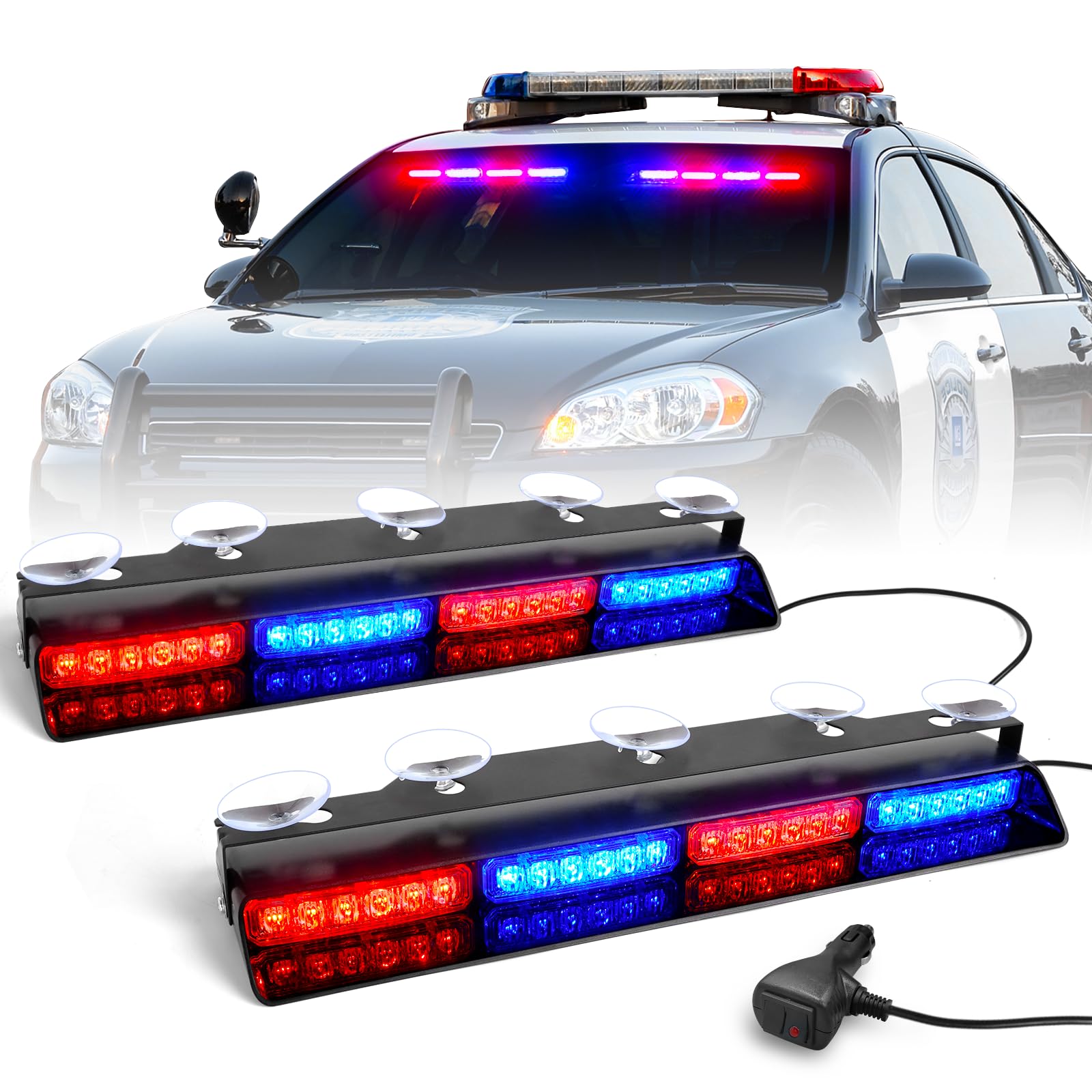 Hlauto 6Z4J Emergency Dash Strobe Lights: 2X16.8 Inch Red Blue Safety Lights, 48 Led Flashing Warning Hazard Interior Windshield