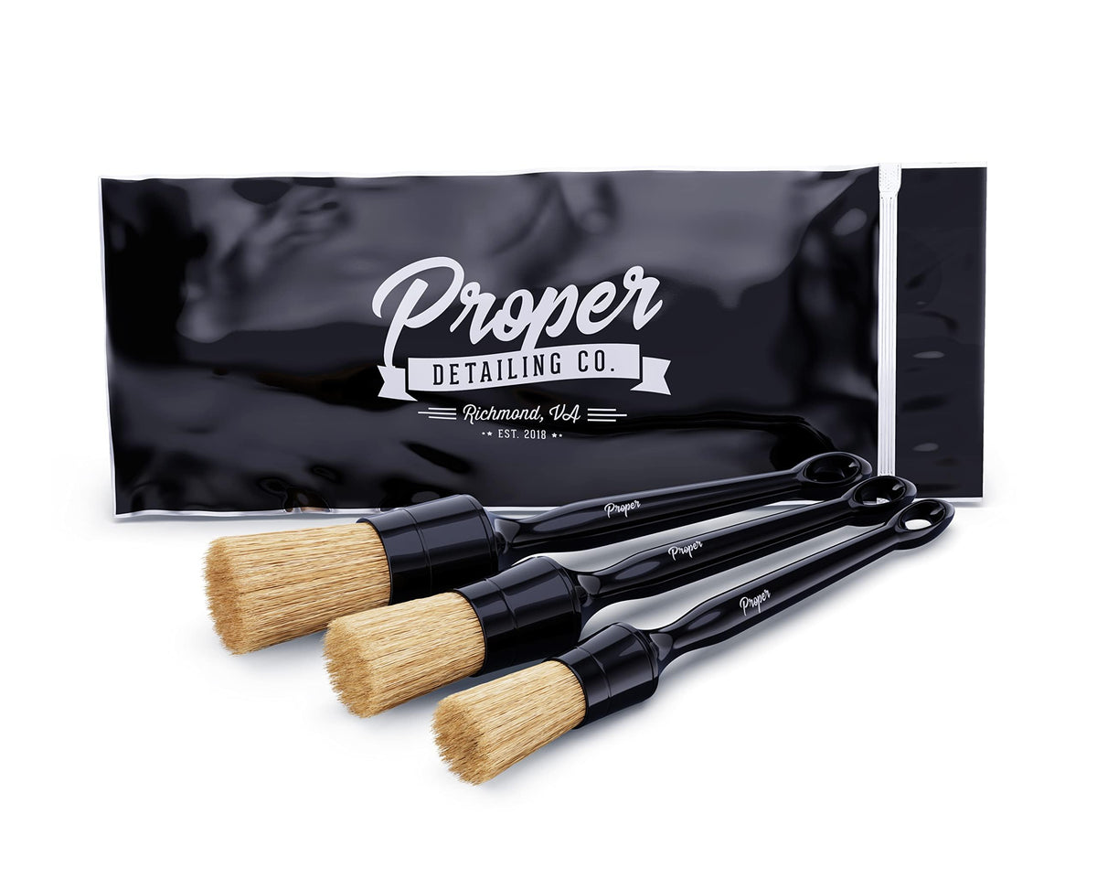 Proper Detailing Co. Car Detailing Brush, 3 Pack Natural Boars Hair Detailing Brushes, Clean Interior Or Exterior, Wheels, Tires