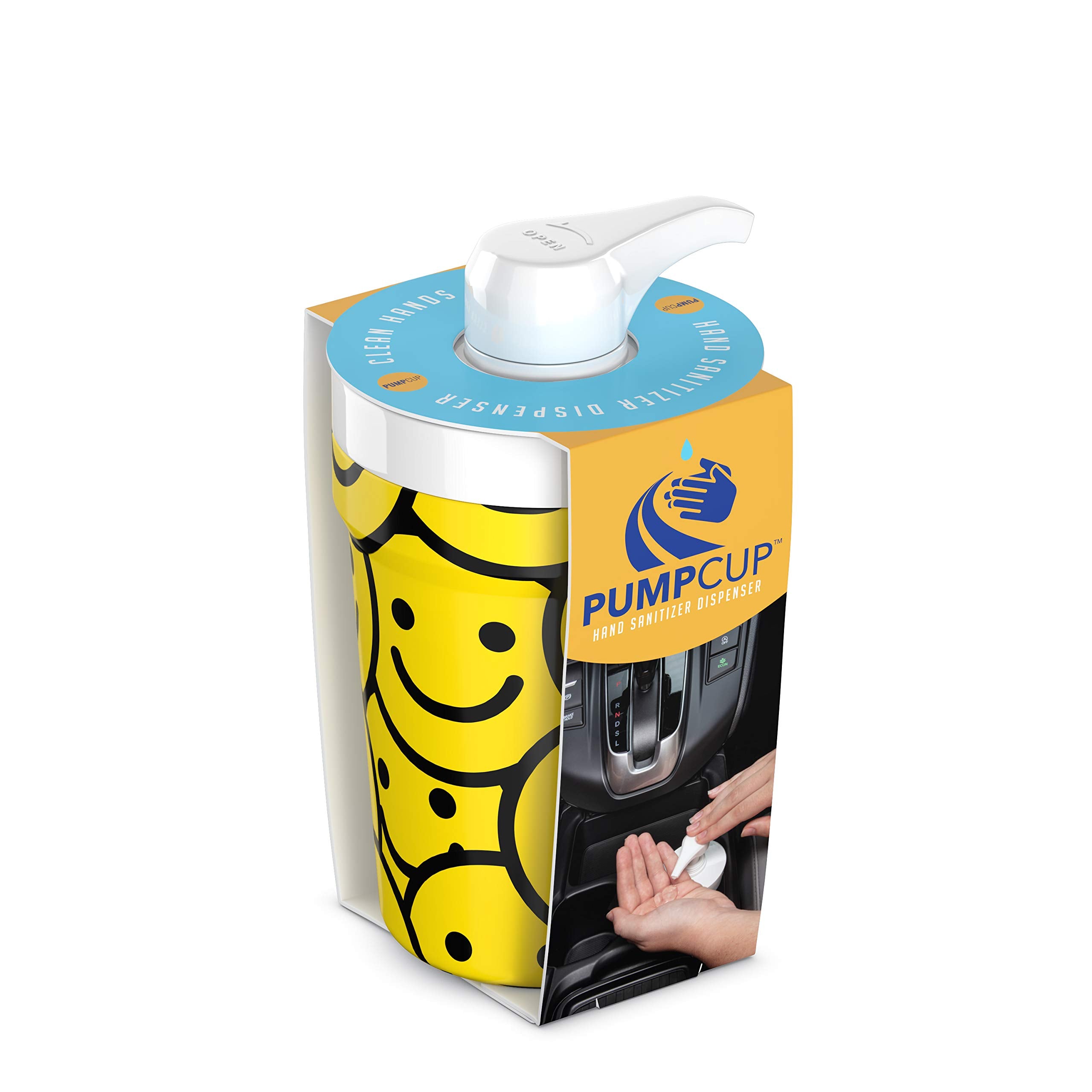 PumpCup Portable Hand Sanitizer Dispenser for Car Cup Holders (Smiley Face)
