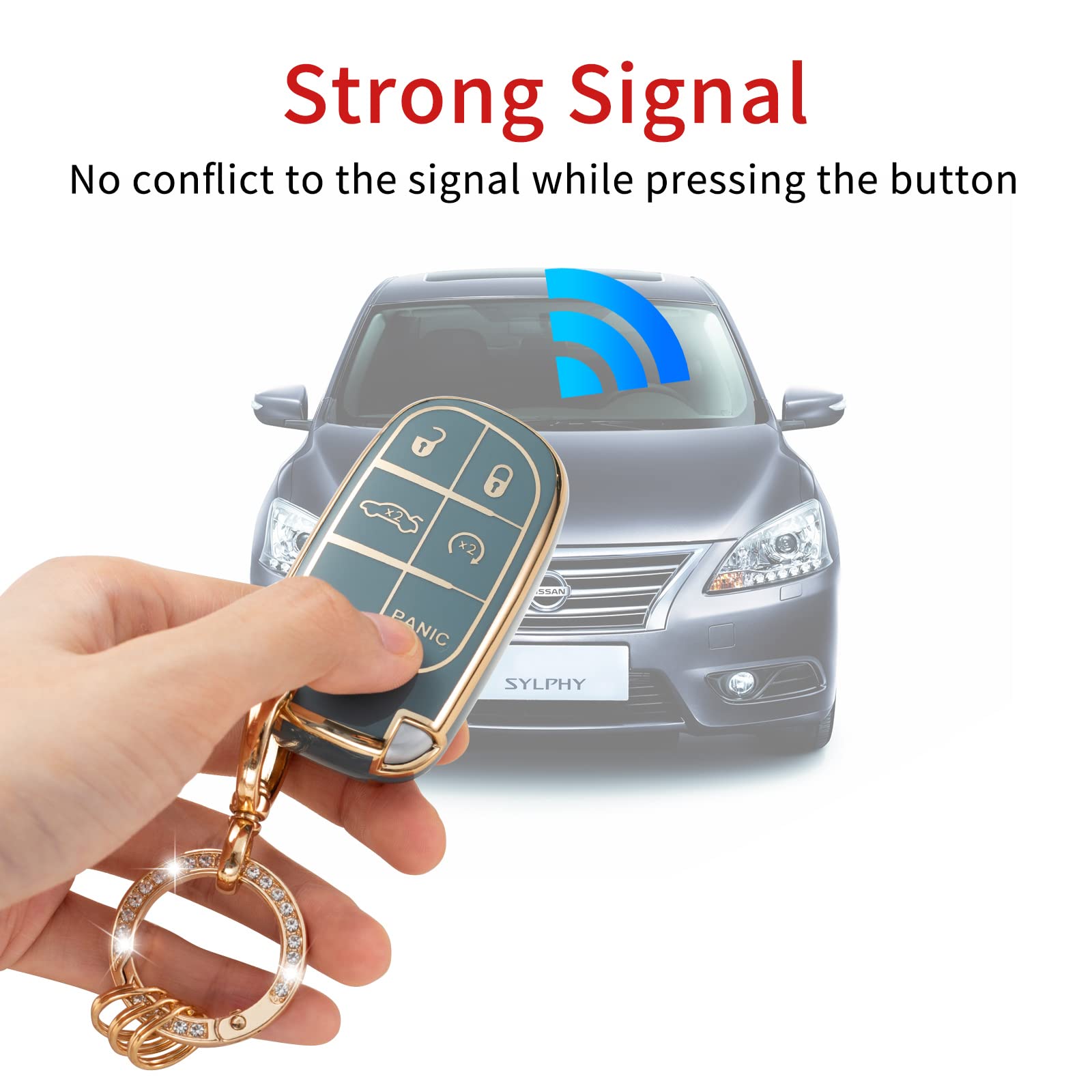 Gematay Compatible For Jeep Key Fob Cover Keychain, Car Key Case For Grand Cherokee Renegade Wrangler Accessories, Blue