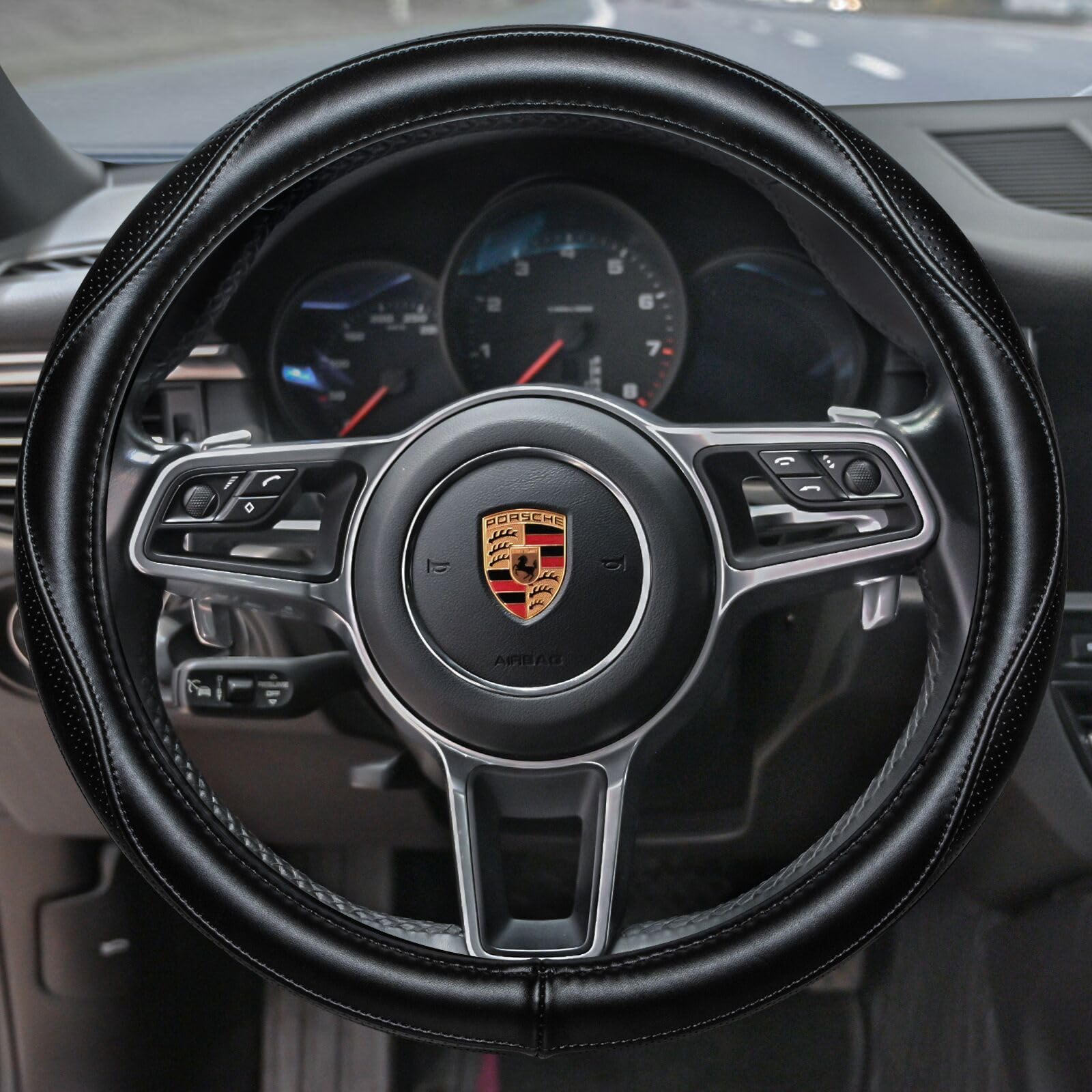 Haokay Top Grade Black Genuine Leather Steering Wheel Cover Men Women, Luxury Steering Wheel Cover For Cars, Suvs And Trucks,Uni