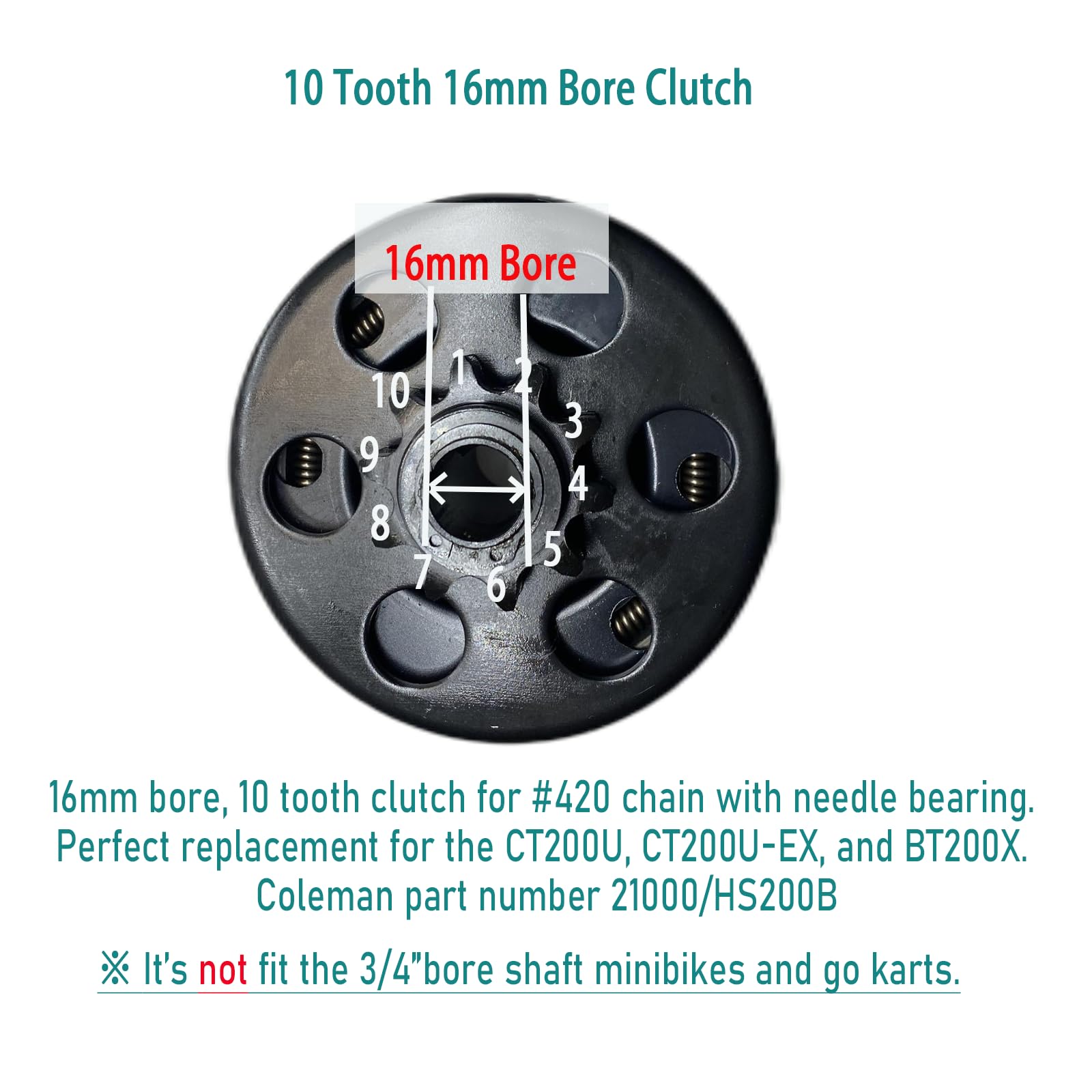Qymoto 10 Tooth Clutch 16Mm Bore 10T Fit For Oem Size Coleman Ct200U Ct200U-Ex Axis 200 Centrifugal Mini Bike Clutch (Not Fit 3/4' Or 5/8' Bore Shaft Ct200U)