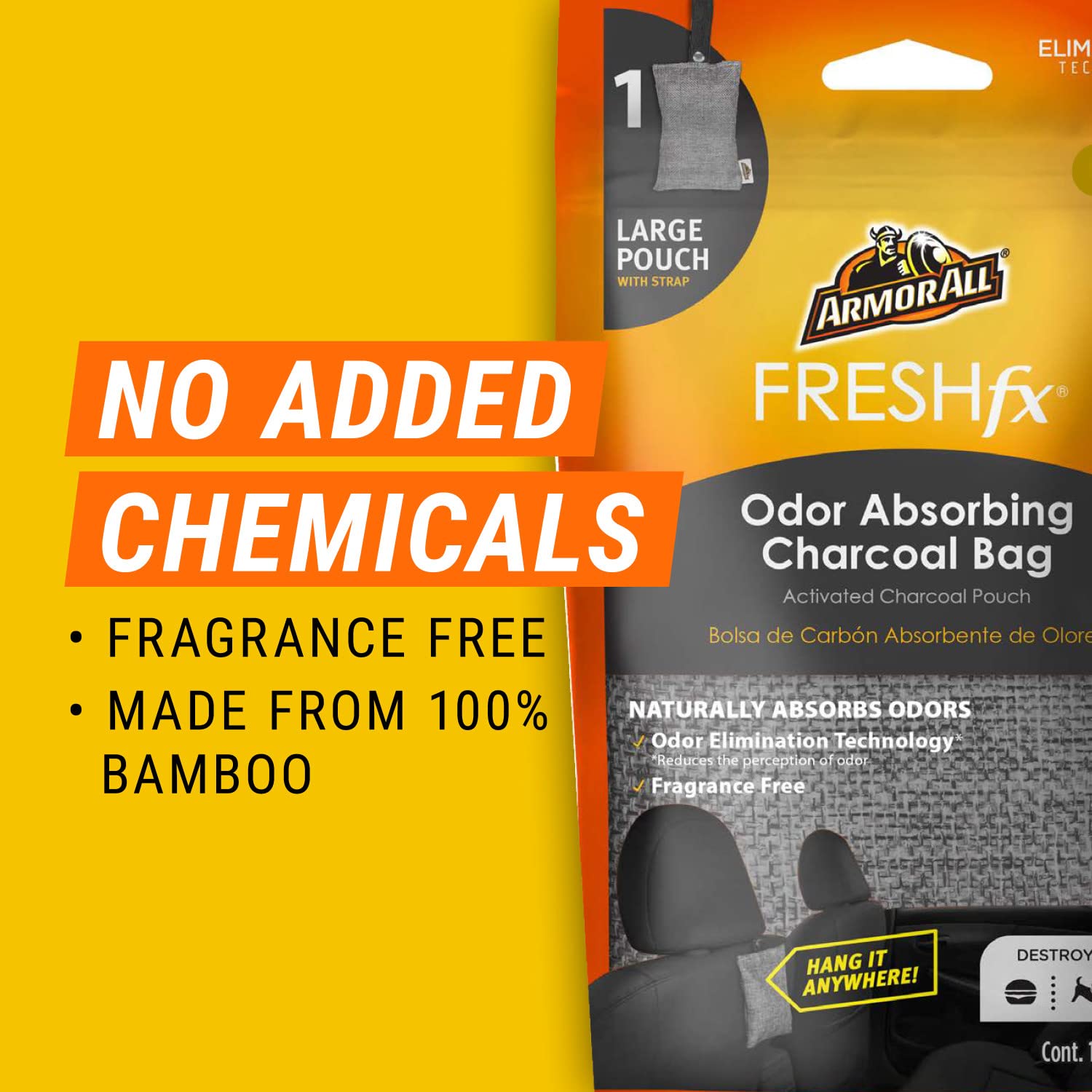 Armor All Fresh Fx Charcoal Deodorizer Bags , Natural Bamboo Car Odor Eliminator, Fragrance Free, 9 Pack