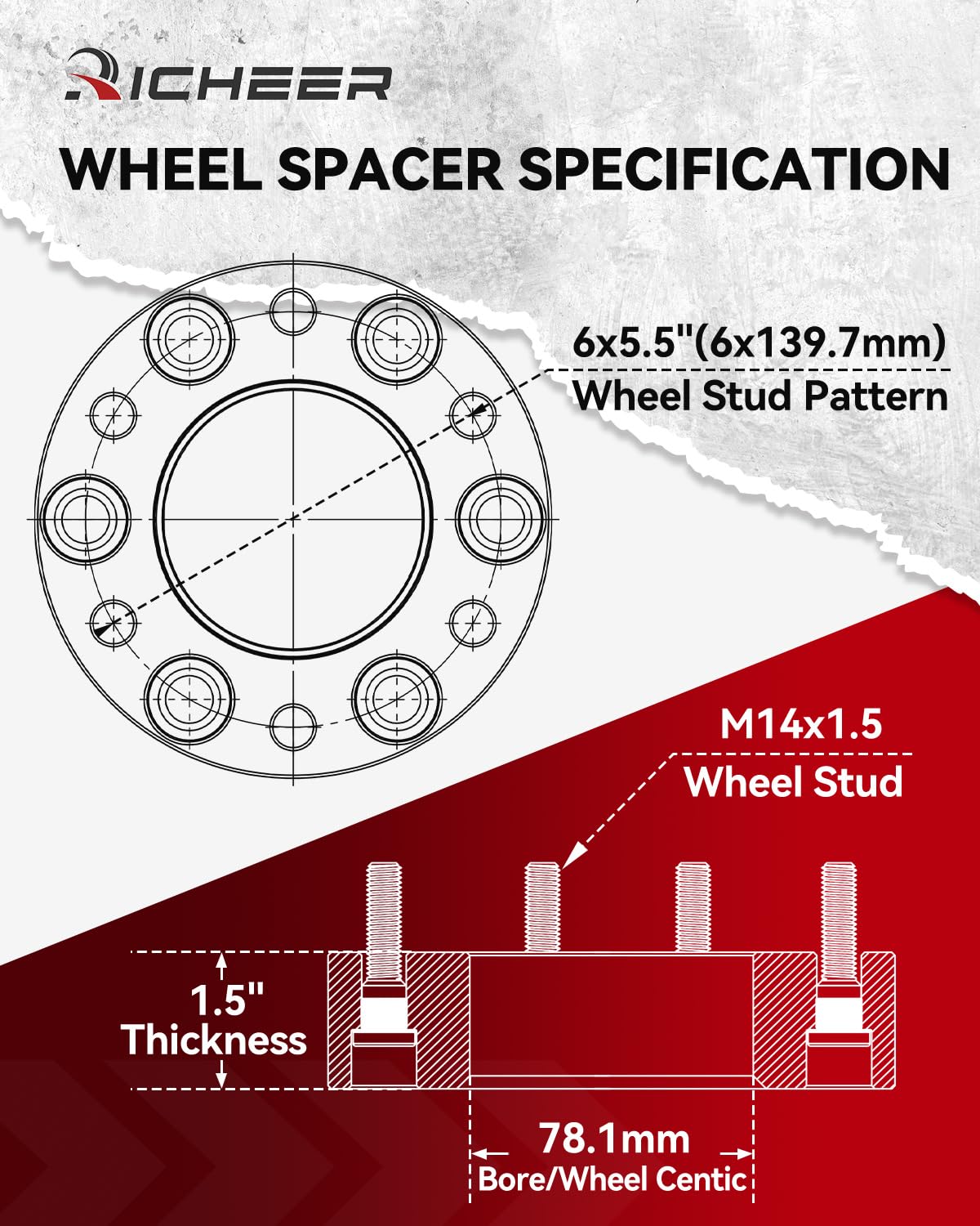 Richeer 1.5'' 6X5.5 Hub Centric Wheel Spacer For Sierra Silverado 1500, 6X139.7Mm Wheel Spacers With 14X1.5 Studs & 78.1Mm Bore