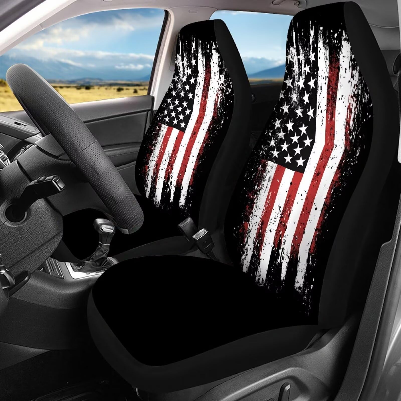KEIAHUAN 4th of July Car Seat Cover Full Set American Flag Patriotic Breathable Car Front Seat Cover and Rear Bench Cover Set of