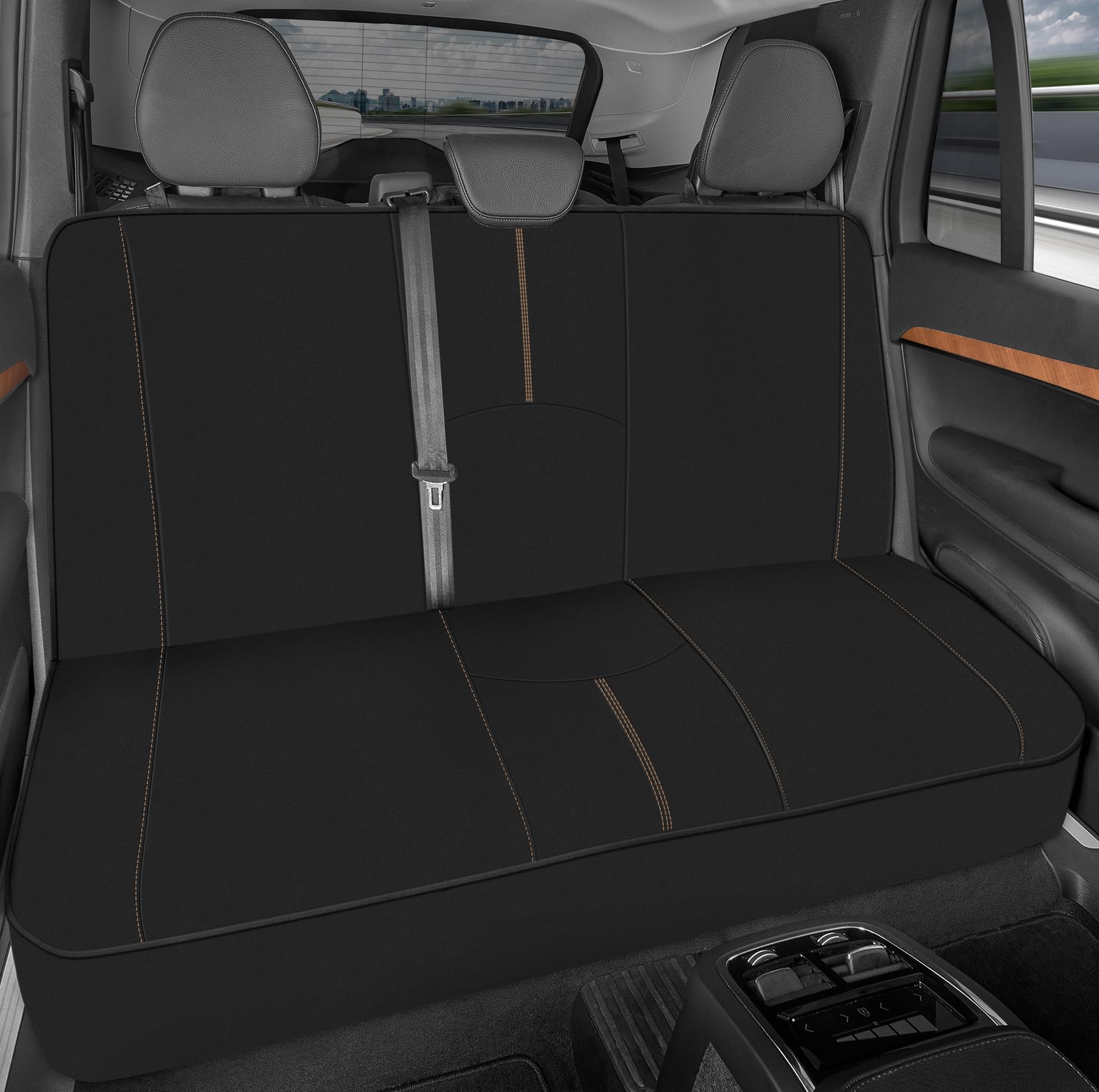 Motor Trend Spillguard Waterproof Rear Bench Car Seat Cover, Beige Stitching - Split Bench Rear Seat Protector With Neoprene Pad