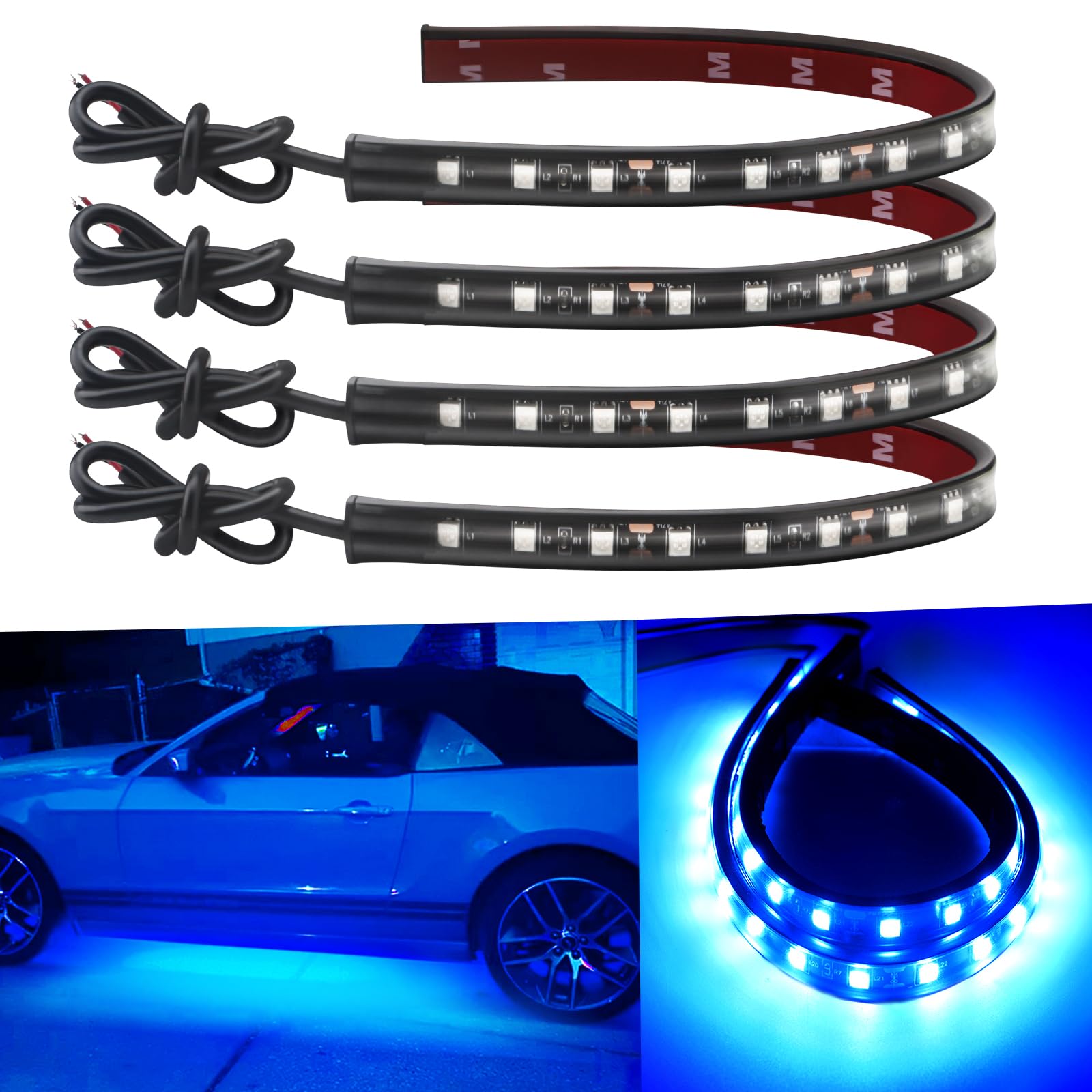 Car Led Strip Lights 32Cm Waterproof Led Light Strips For Cars Motorcycles Golf Cart Interior & Exterior Marine Boat Blue Led Strip 12V 5050 18Smd,Pack Of 4