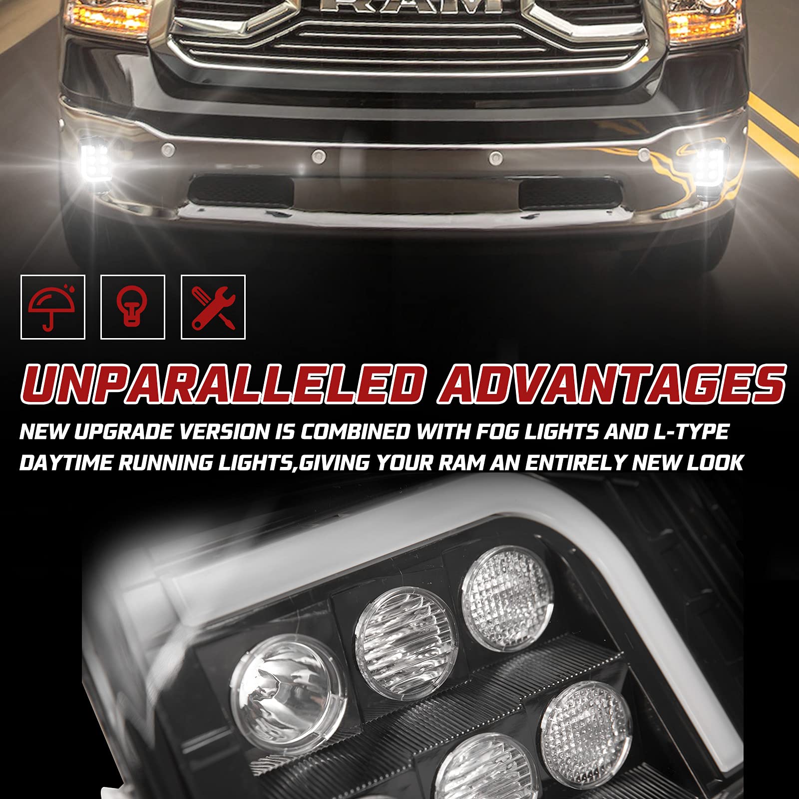Bunker Indust Dodge Ram Led Fog Light With Daytime Running Light Set,Pair Spot Flood Bumper Driving Fog Lamp L-Type Drl Assembly