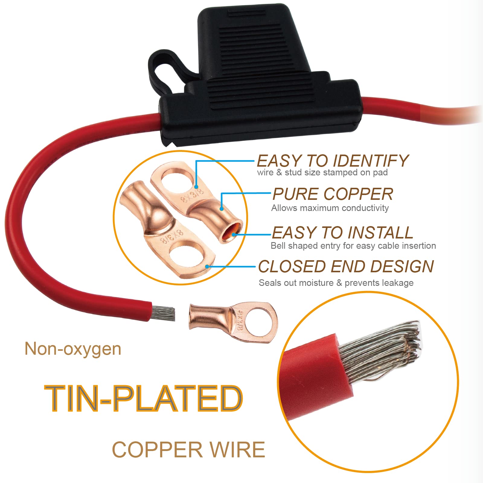 Vansiho 2Pcs Black In-Line 8 Gauge Awg Waterproof Fuse Holder For Maxi Fuse With 4Pcs Ul Wire Lugs 8 Awg 3/8 Inch Copper Stud Ri