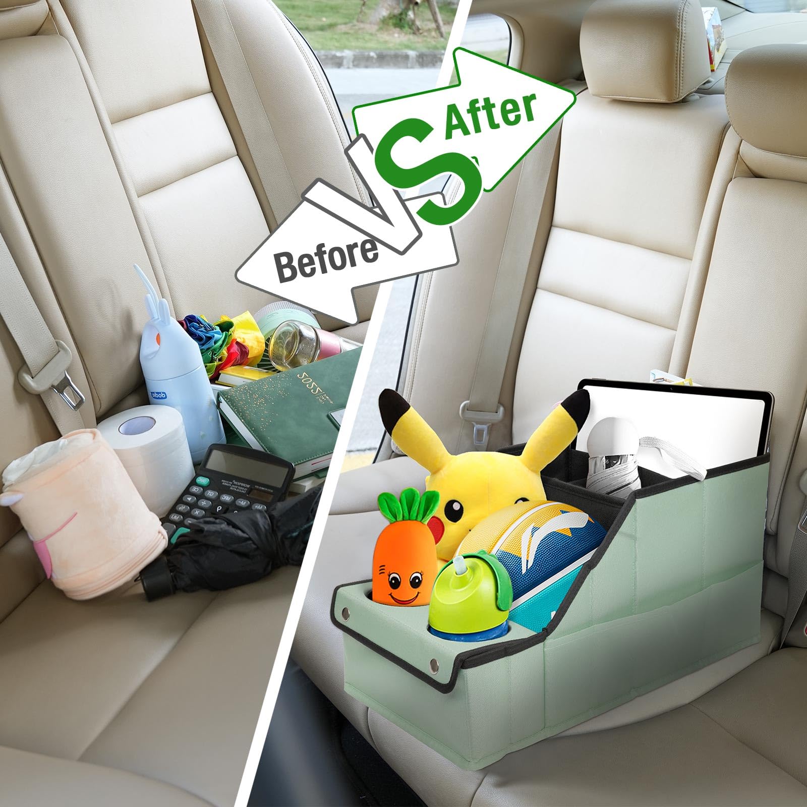 Mulisoft Car Seat Organizer - Backseat Car Organizer With 11 Storages Compartments And 2 Cup Holders, Green