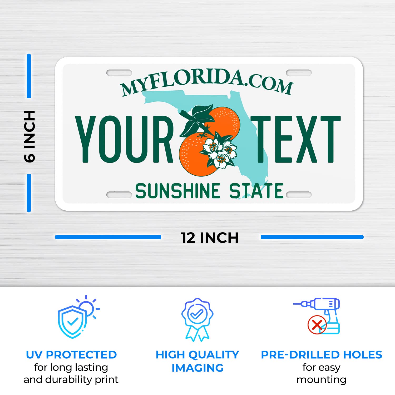 Custom Florida License Plate, Personalized 50 States Fake License Plate For Front Of Car Sign 6X12 Inches, Rust Free .040 Aluminum, Fade Resistant, Made In Usa By Sigo Signs