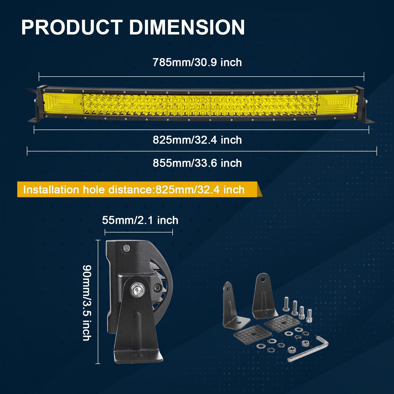 RIGIDON 32 Inch 405W Curved Amber LED Light Bar, Triple Row Flood Spot Combo 40500LM Light Bar Waterproof Driving Boat Offroad L