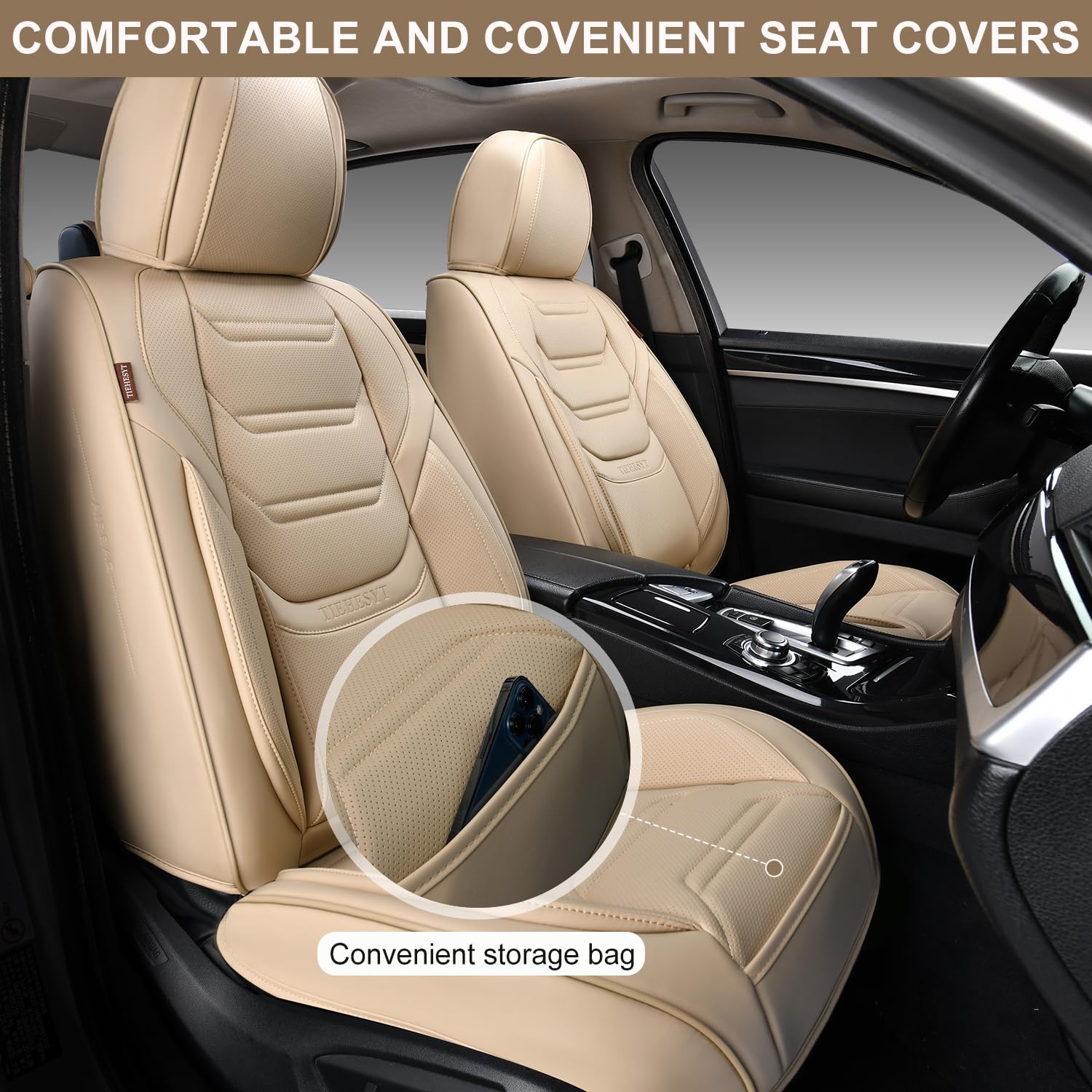 Tiehesyt Car Seat Covers Full Set, Breathable Leather Automotive Front And Rear Seat Covers, Car Seat Protectors Full Set, Compa