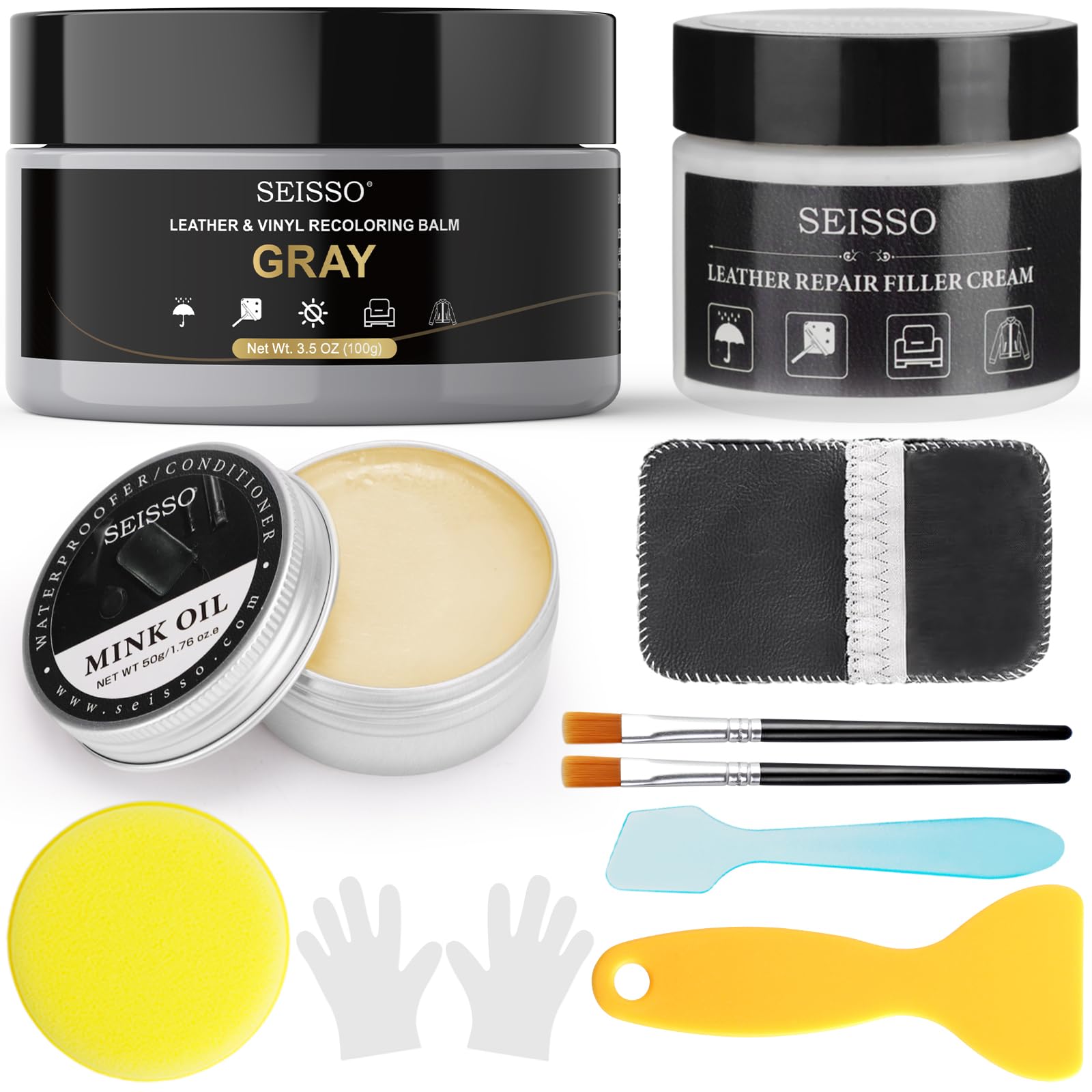 SEISSO Leather Repair Kit for Furniture, Gray Vinyl Repair Kit with Mink Oil Car Interior Leather Recoloring Balm for Scratches,