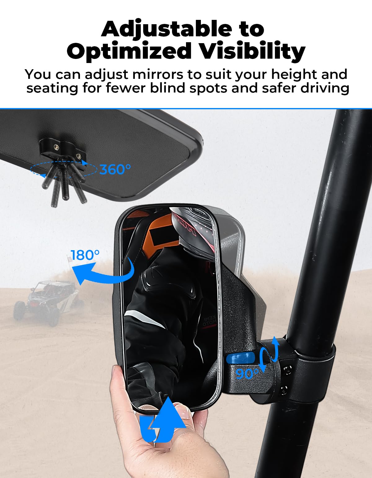 Kemimoto Utv Side Mirrors And Center Mirror With 1.6 To 2 Roll Bar Cage, Adjustable Rear View Side Mirrors Compatible With Polaris Rzr, Zforce, Commander Maverick X3, Viking, Rhino, Teryx
