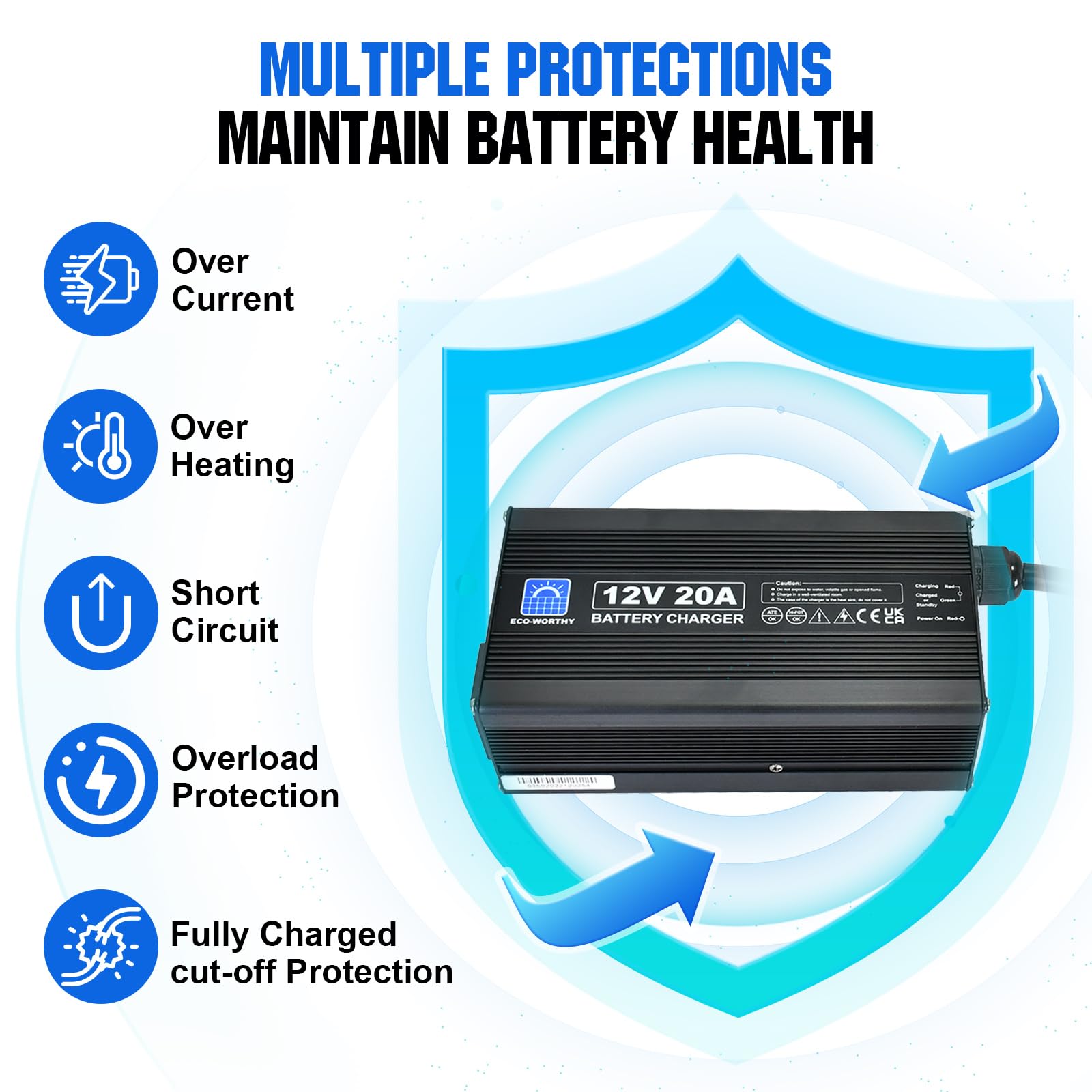 Eco-Worthy 12V 20A Lithium Battery Charger 14.6V Lifepo4 Battery Charger With Battery Quick Connector Automatic Smart & Maintenance For Deep Cycle Rechargeable Battery Boat Rv