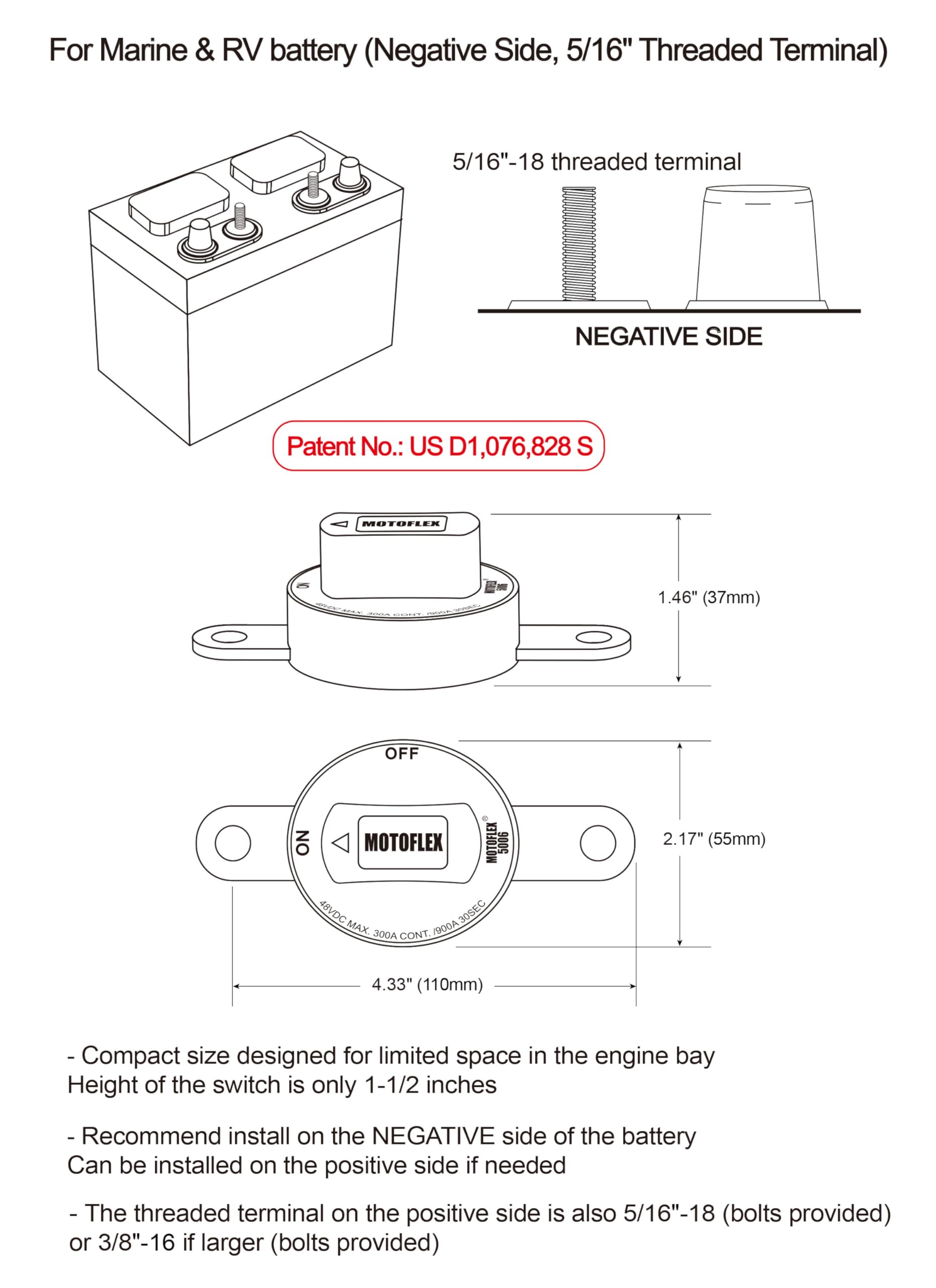MOTOFLEX Side Post Battery Disconnect Switch for GM Car Truck, Marine RV Battery Switch 12V-48V Power Cut Off High Current 300A/