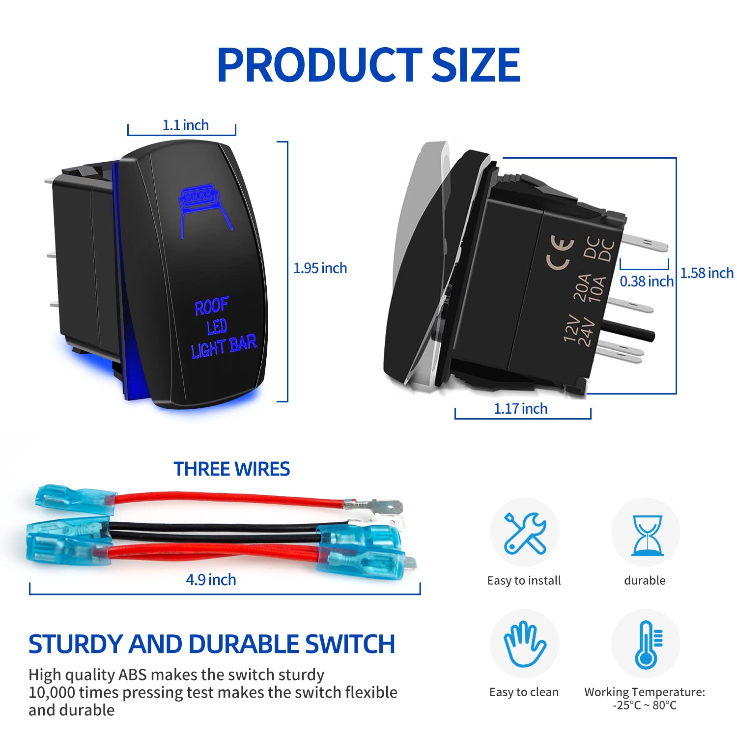 Roof Led Light Bar Rocker Switch 5Pin Laser On/Off Blue Led Light 20A/12V 10A/24V Toggle Switch With Jumper Wires Set For Automo