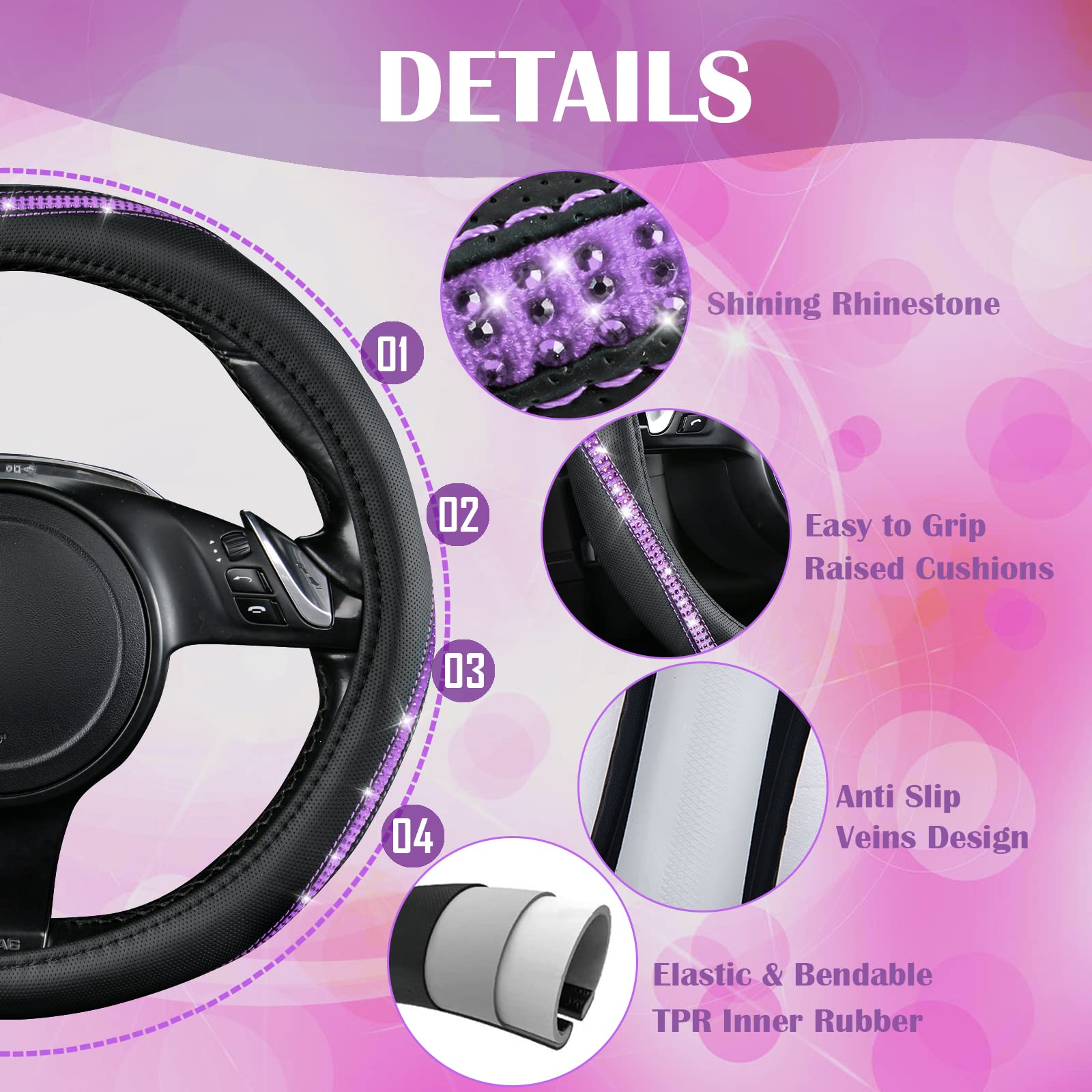 Car Pass Bling Diamond Black Leather Steering Wheel Cover, Studded Crystal Rhinestones Universal Fit 14' 1/2-15' Glitter For Women Sparkle Girl Fit Suvs,Vans,Sedans,Car,Trucks, Purple Diamond