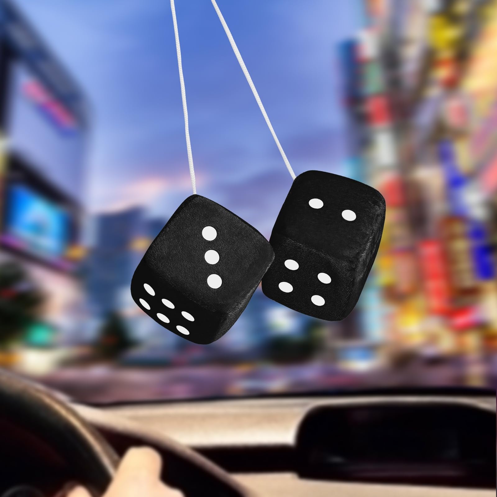 Fuzzy Dice For Rear View Mirror, Black Fuzzy Dice For Car Mirror, 2.75Inch Pair Of Plush Retro Square Hanging Dice With White Do