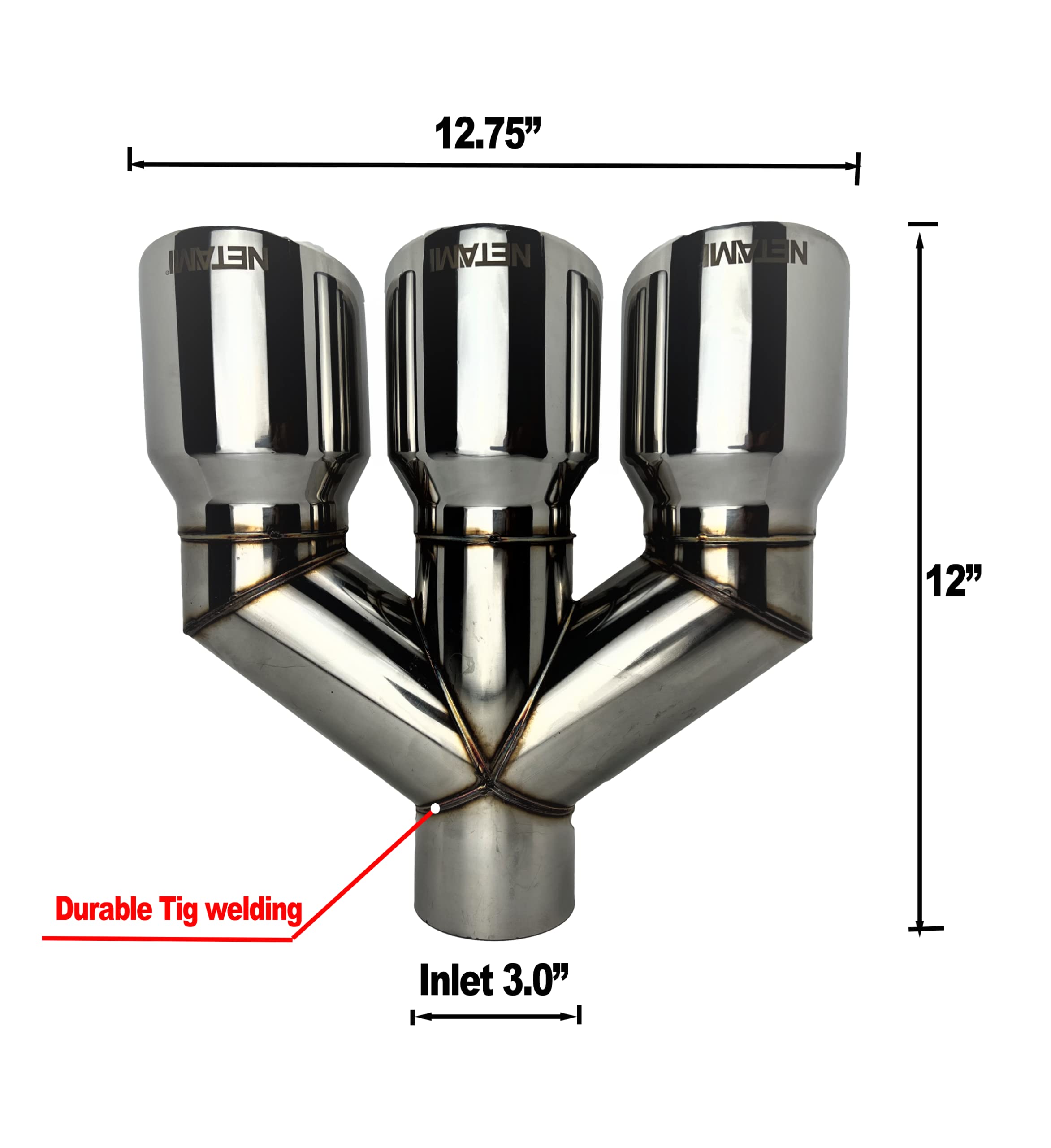 NETAMI 3'' Inlet to 4'' Triple Outlets Stainless Steel Exhaust Tip Dual Wall Chrome Polished