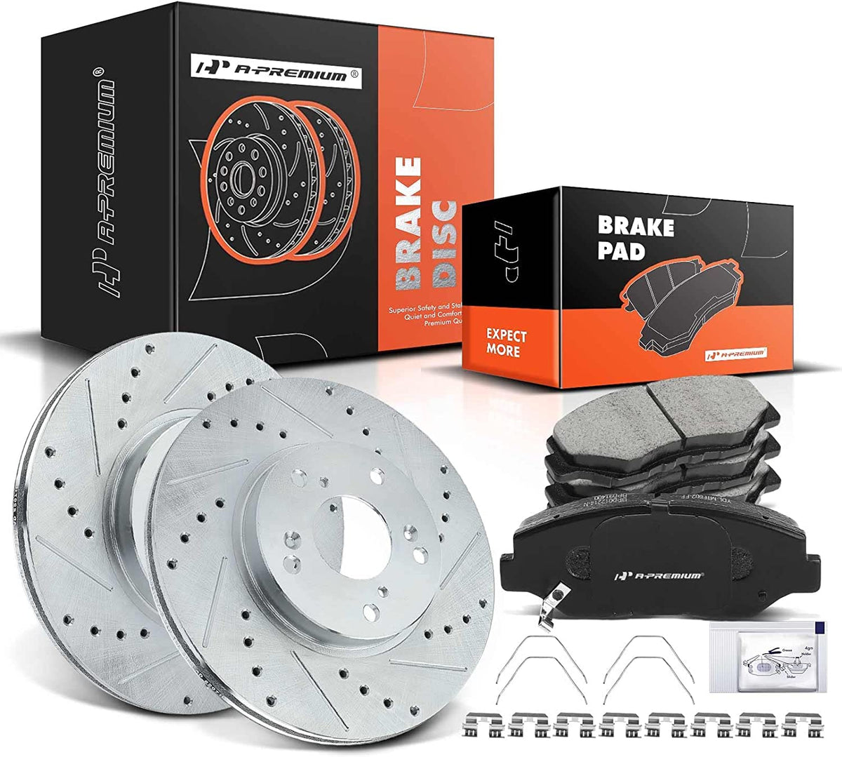 A-Premium 11.10 in (282mm) Front Drilled and Slotted Disc Brake Rotors + Ceramic Pads Kit Compatible with Honda and Acura Models