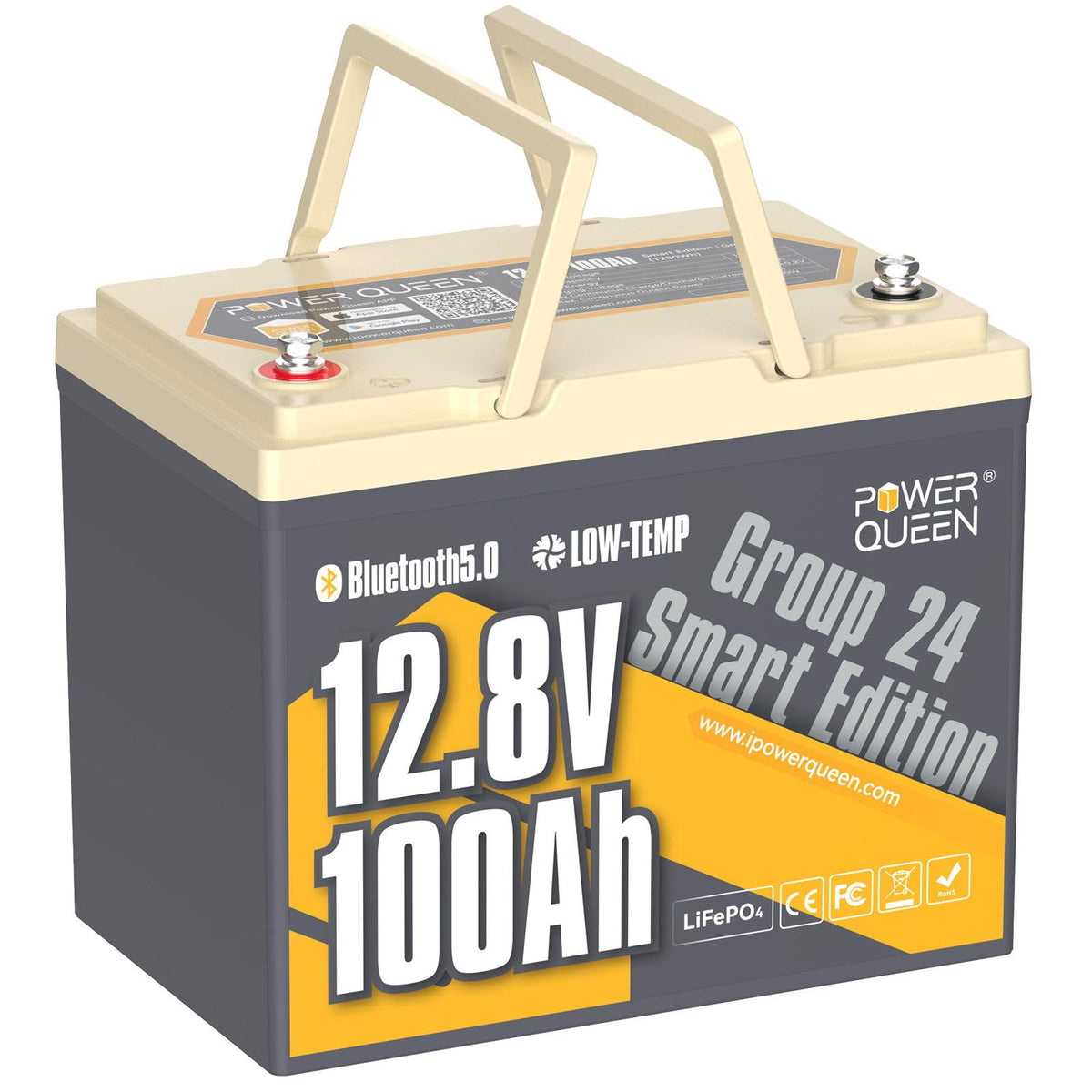 Power Queen 12V 100Ah Lifepo4 Battery Bluetooth Lithium Battery, Low-Temp Cut-Off Deep Cycle Battery With 100A Bms, 1280Wh Energ