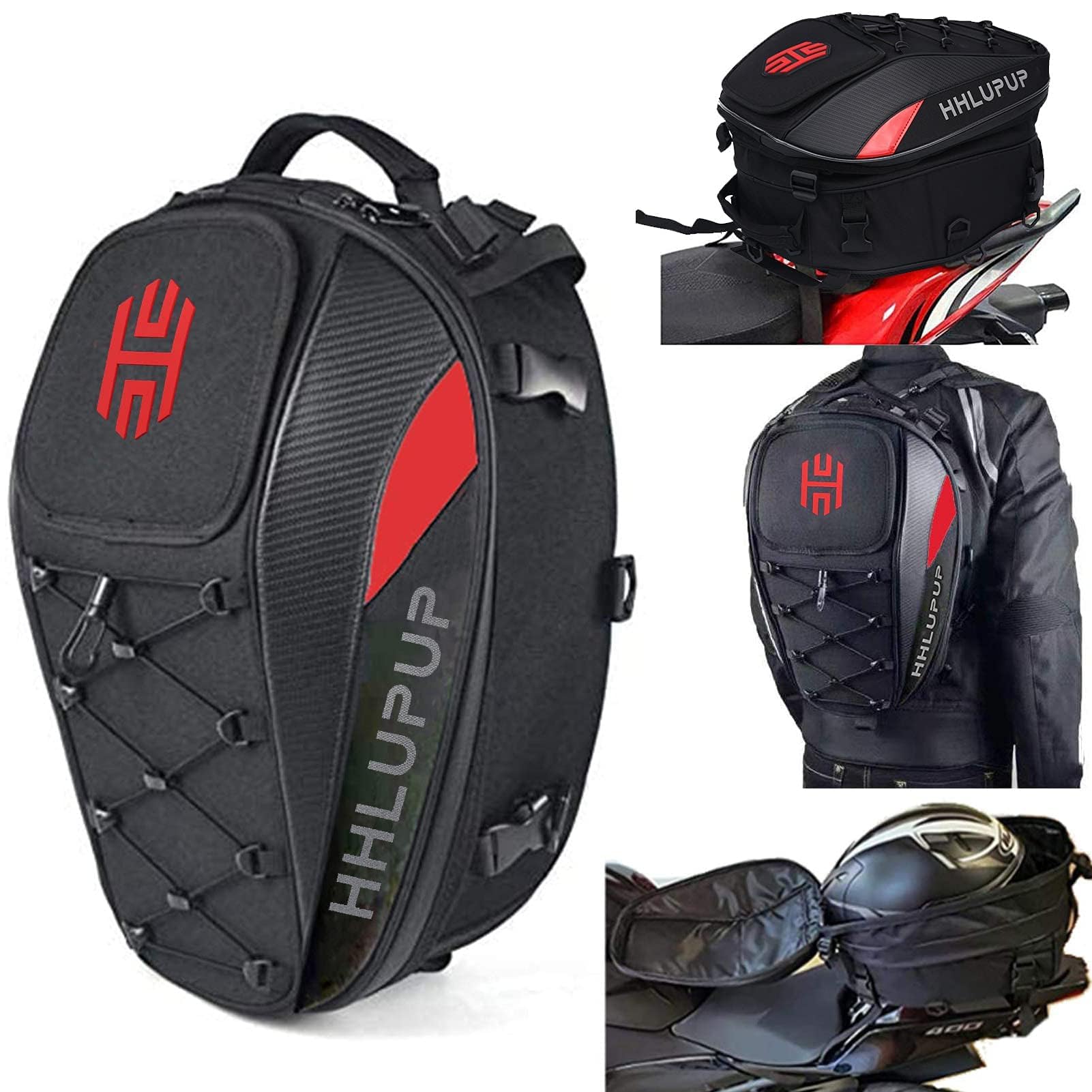 Hhlupup Motorcycle Tail Bag Seat Helmet - 38L Motorcycle Backpack Waterproof Luggage Bags (Red)