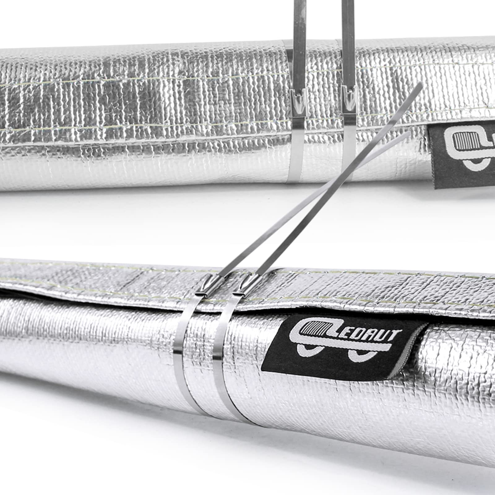 Heat Shroud Sleeve Aluminized 2 Pcs For Ultimate Heat Protection Hose Wire Shield 1-1/4''I.D. X 10Ft, With 20 Pcs 7.8Inch Stainl