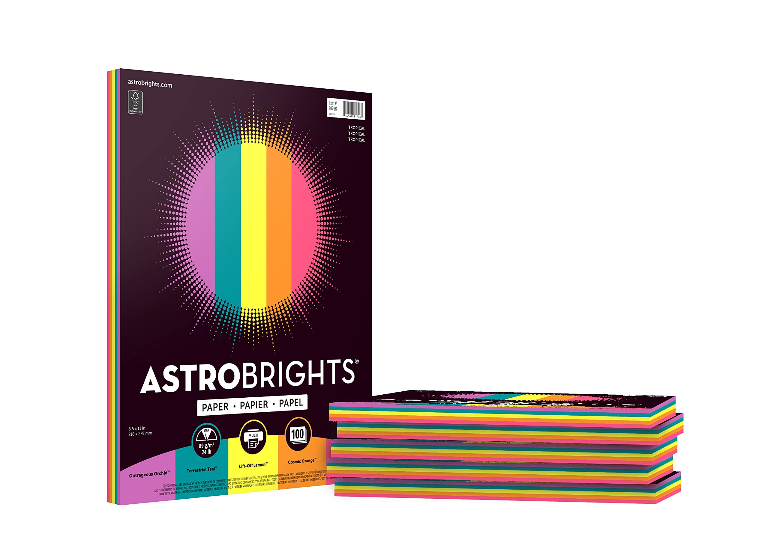 Astrobrights Colored Paper, 8.5'' X 11'', 24 Lb/89 Gsm, ''Tropical'' 5-Color Assortment, 100 Count (Pack Of 6) - 600 Sheets In T
