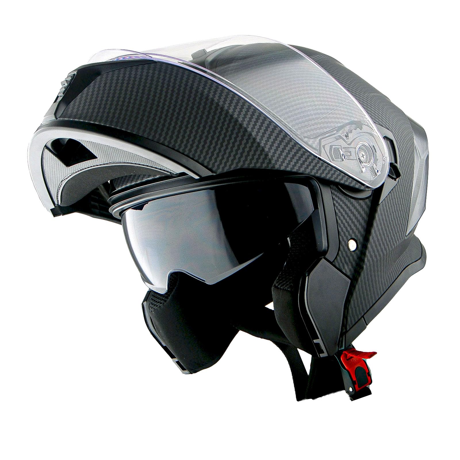 1Storm New Motorcycle Bike Modular Full Face Helmet Dual Visor Sun Shield with Rechargeable LED Tail Light: LED-X90 Carbon Fiber