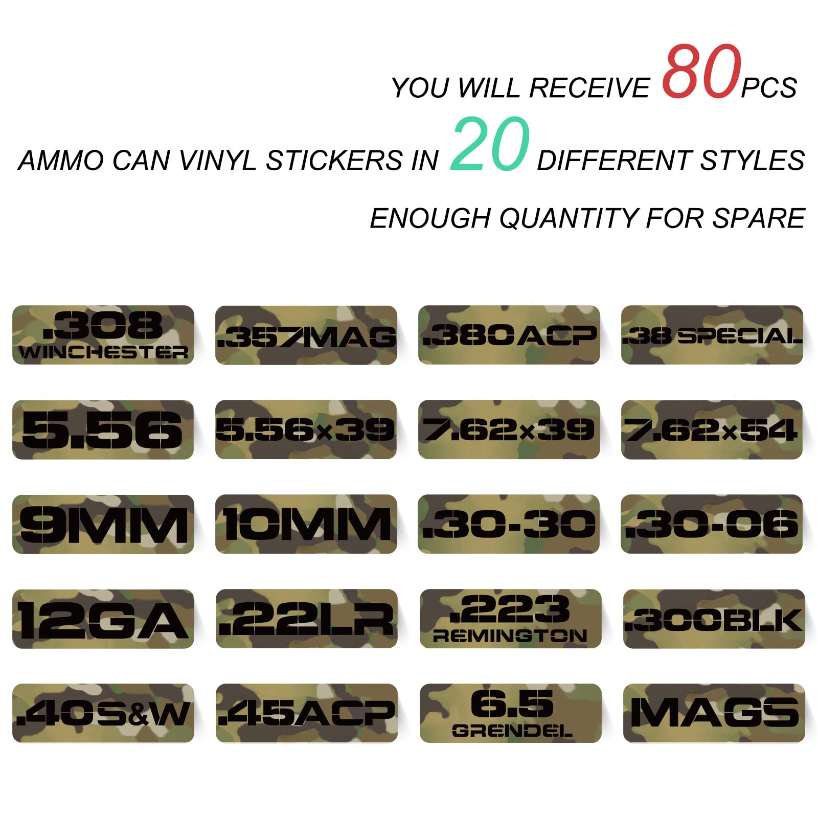 Aolamegs Ammo Can Vinyl Sticker Set, Caliber Decal Labels For Ammo Cans(80 Pack/20 Varieties Camo Green)